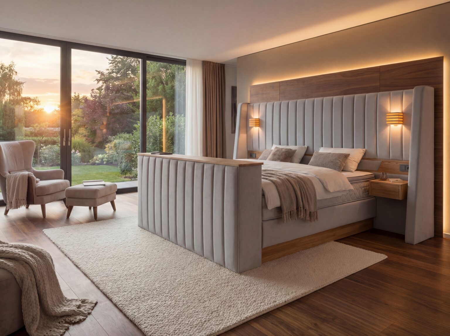 Das Kopfteil des Boxspringbetts Graf von Meisterbetten besticht mit seinem eleganten Design, ergänzt durch einen Bettkasten und TV-Lift im Fußteil. In der Größe 200x200 cm bietet das Bett mit einem Nano-Matratzenbezug in VS-Grau sowie einem Ergoflex-Topper und Taschenfederkern-Matratze höchsten Schlafkomfort. Der Nachttisch Zero rundet die stilvolle Optik ab.