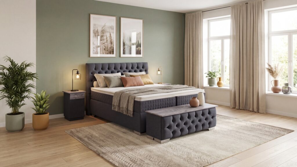 Acon Boxspringbett von Meisterbetten in der Größe 180x200 cm, ausgestattet mit einem eleganten gepolsterten Kopfteil und Optiflex-Bezug. Der Grundstoff W-Anthracite verleiht dem Bett eine moderne Note. Inklusive Ergoflex-Topper und Taschenfederkern-Matratze, ergänzt durch Dekor in Pinie Silber sowie passender Truhe und Nachttisch.
