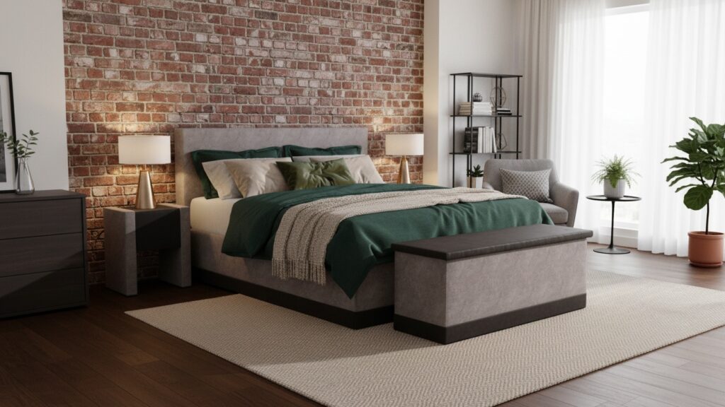 Boxspringbett Alex von Meisterbetten in der Größe 180x200 cm, mit gepolstertem Kopfteil und Keder-Matratzenbezug, gefertigt aus DS-Silbergrauem Grundstoff. Inklusive Midisoft-Topper und Taschenfederkern-Matratze, ergänzt durch eine Truhe und Nachttische im gleichen Design.