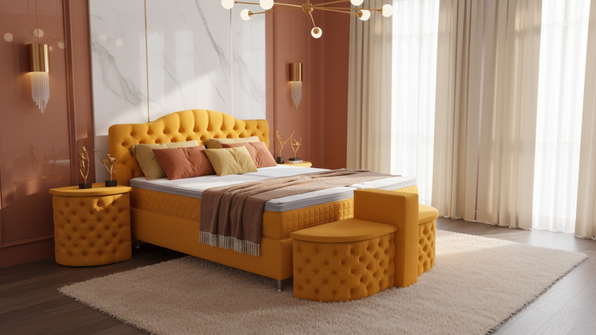 Ein beeindruckendes Boxspringbett Anet von Meisterbetten in der Größe 180x200 cm, präsentiert sich in einem lebhaften Gelbton. Ausgestattet mit einem gepolsterten Kopfteil und einem Optiflex-Matratzenbezug, bietet dieses Modell maximalen Komfort. Der Ergoflex-Topper ergänzt die Taschenfederkern-Matratze ideal. Komplettiert wird das Ensemble durch passende Nachtische und eine Truhe im gleichen strahlenden Design.