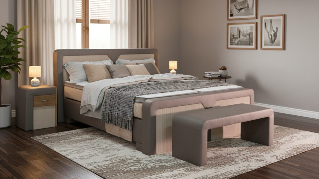 Das Boxspringbett Arco von Meisterbetten präsentiert sich in der Größe 180x200 cm mit einem gepolsterten Kopfteil und eleganten Details in Eiche Cognac. Ausgestattet mit einem hochwertigen Viscose-Topper, Taschenfederkern-Matratze und Bezug in CS-Beige. Inklusive passendem Nachttisch und Truhe für zusätzlichen Stauraum.