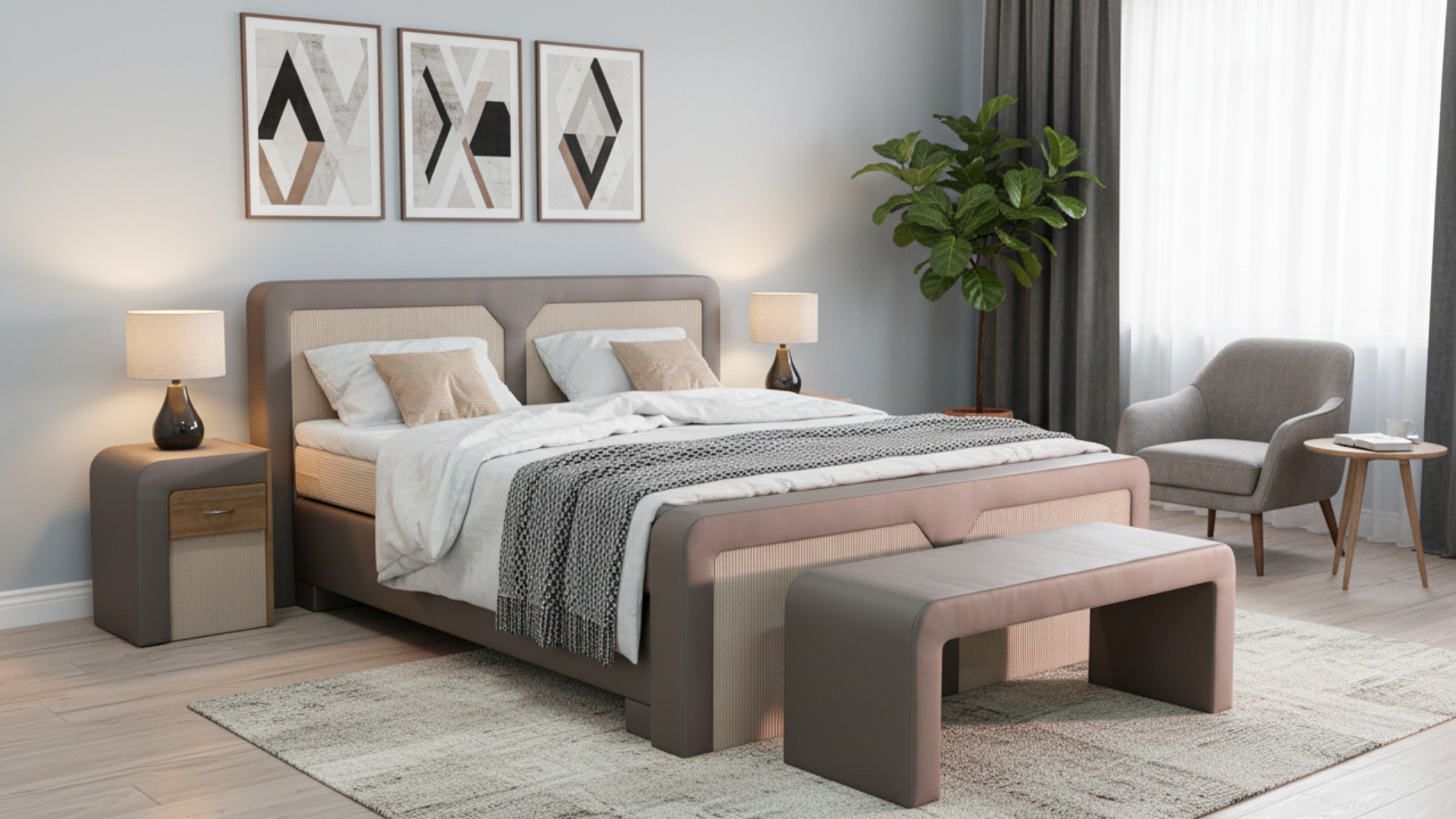 Boxspringbett Arco von Meisterbetten in der Größe 180x200 cm, ausgestattet mit einem gepolsterten Kopfteil, Matratzenbezug Nano in CS-Beige. Mit Viscose-Topper und Taschenfederkern-Matratze, dekorativem Eiche Cognac Dekor und Absatzstoff LM-Beige. Das Bett verfügt über ein harmonisch abgestimmtes Fußteil und Truhe im Design Arco, begleitet von einem passenden Nachttisch.