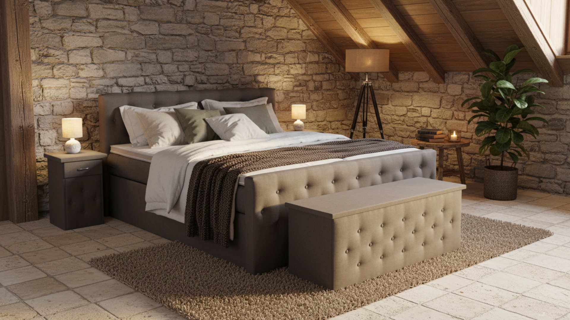 In warmem Anthrazit präsentiert sich das Meisterbetten Boxspringbett Babo, ausgestattet mit einem eleganten Kopfteil. Die Maße von 180x200 cm bieten großzügigen Schlafkomfort. Inklusive Ergoflex-Topper und Taschenfederkern-Matratze für erholsamen Schlaf. Der Nano-Matratzenbezug ergänzt die hochwertige Verarbeitung. Abgerundet wird das Design durch die passende Truhe und einen Nachttisch, die im gleichen Stil gehalten sind.