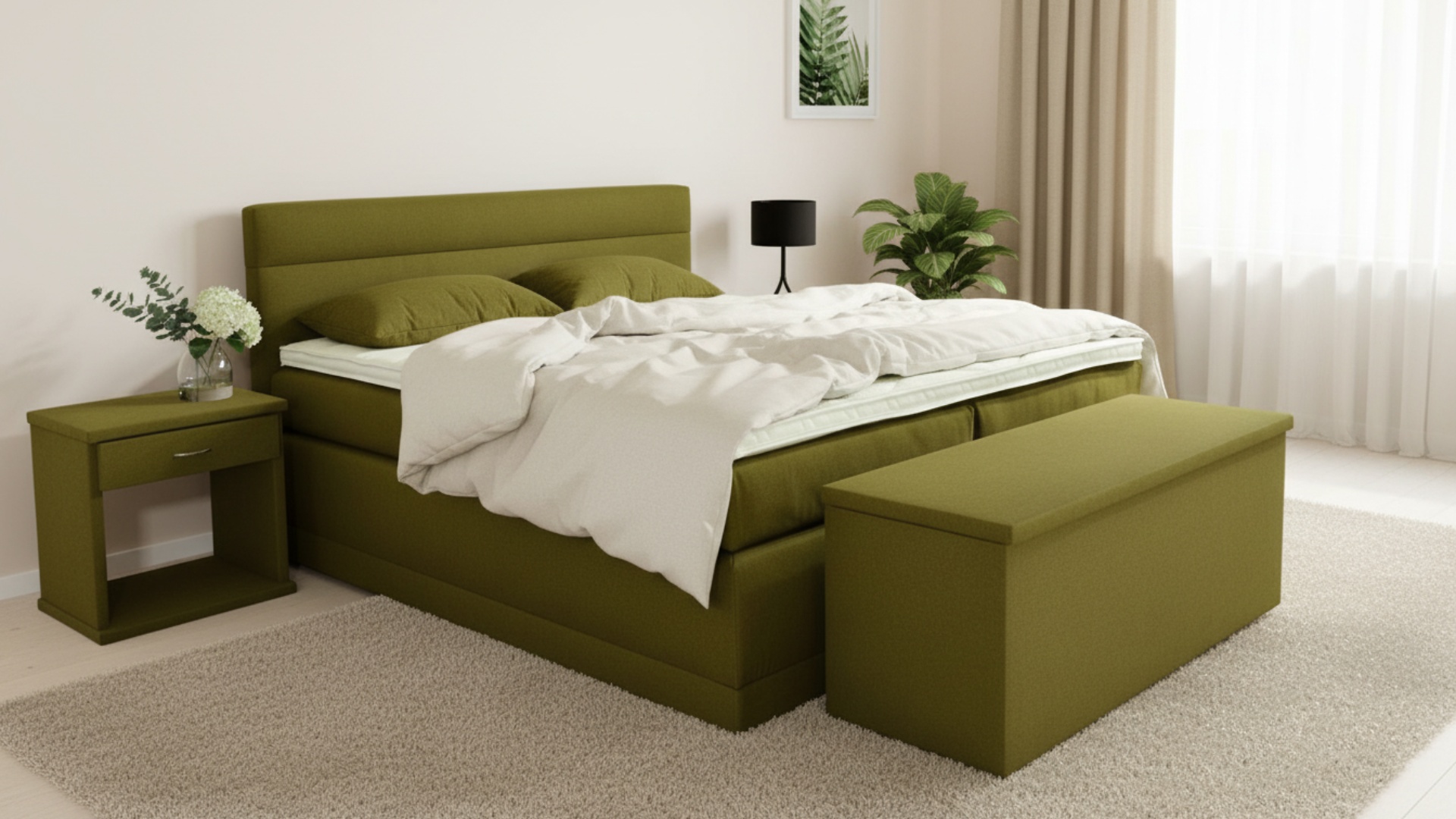 Das Boxspringbett Bali von Meisterbetten zeigt sich in der Größe 180x200 cm mit einem stilvollen Kopfteil und einer Truhe sowie Nachttischen im passenden Grasgrün. Ausgestattet mit einem Nano-Matratzenbezug und Kaltschaum-Topper vereint es Komfort und Design, während die Taschenfederkern-Matratze für optimalen Schlafkomfort sorgt.