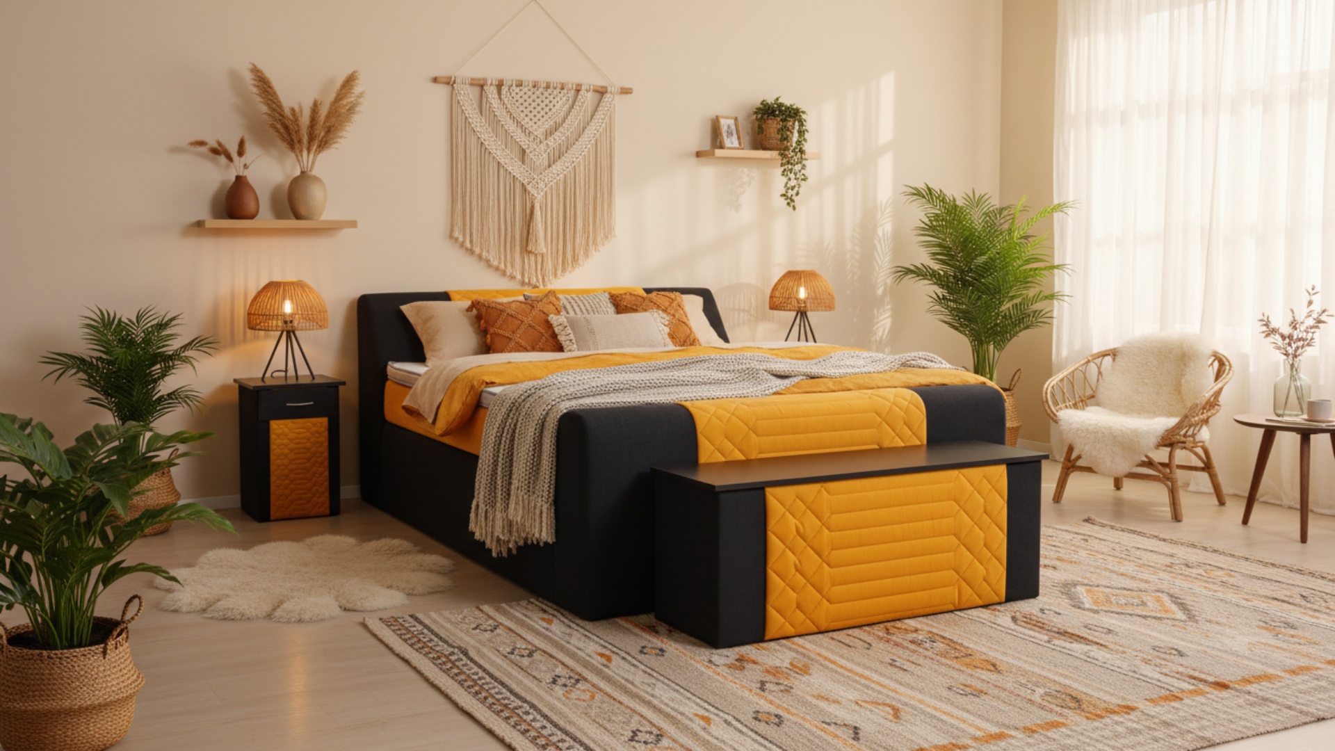 Das Boxspringbett Bigi von Meisterbetten in der Größe 180x200 cm besticht durch seinen eleganten W-Black Grundstoff, ergänzt von einem Nano-Matratzenbezug. Der Ergoflex-Topper bietet zusätzlichen Komfort, während die auffälligen gelben Akzente des VS-Gelb Absatzstoffes das Design hervorheben. Mit Taschenfederkern-Matratze, dekorativem schwarzen Fußteil und integrierter Truhe sowie passendem Nachttisch ist dieses Bett ein Highlight in jedem Schlafzimmer.