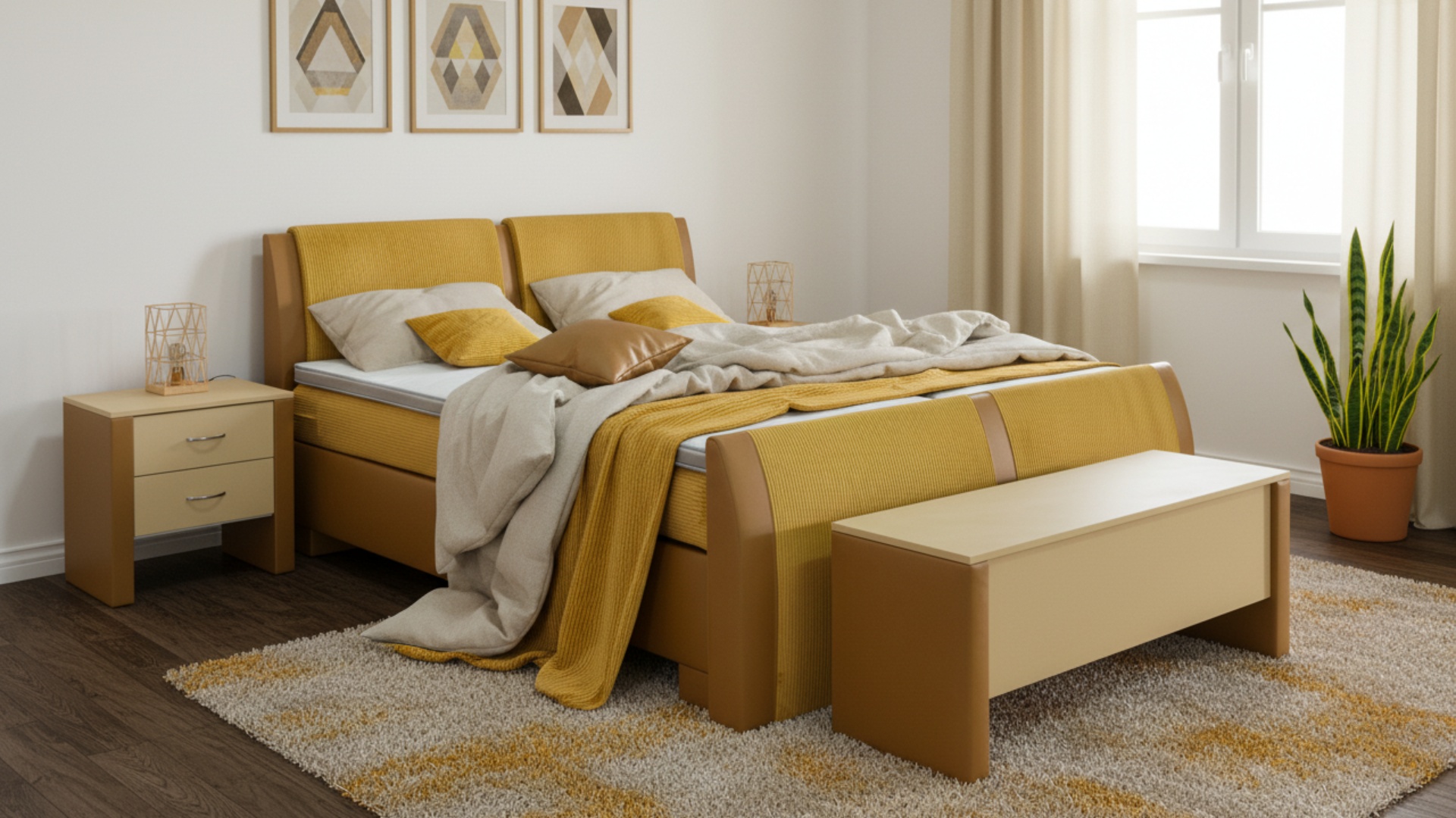 Das Boxspringbett Bony von Meisterbetten in der Größe 180x200 cm präsentiert sich mit einem gepolsterten Kopfteil in LM-Senf, ergänzt durch einen Nano-Matratzenbezug. Ausgestattet mit einem Ergoflex-Topper und einer Taschenfederkern-Matratze bietet es hohen Schlafkomfort. Die sandgelbe Dekoration harmoniert mit dem senffarbenen Absatzstoff und das Fußteil sowie die Truhe und Nachttische im gleichen Design runden das Gesamtbild ab.