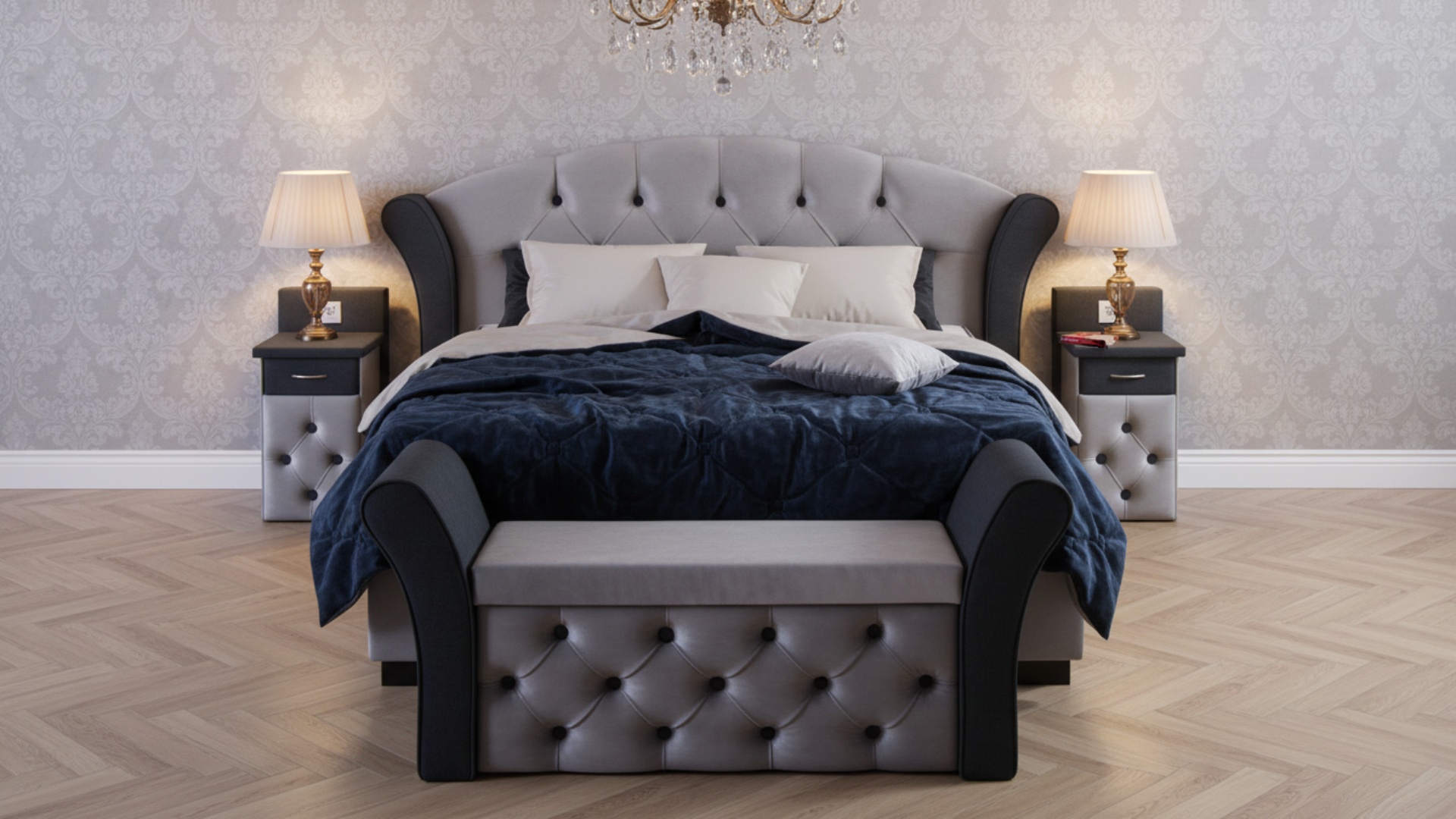 Das Boxspringbett Boss von Meisterbetten in der Größe 180x200 cm beeindruckt mit seinem eleganten Kopfteil in VS-Silbergrau. Ausgestattet mit einer Nano-Matratzenbezug und einem Ergoflex-Topper, bietet es höchsten Schlafkomfort. Die integrierte Truhe sowie passende Nachttische sorgen für zusätzliche Funktionalität, während der Absatzstoff in W-Anthracite dem Gesamtbild einen stilvollen Akzent verleiht.