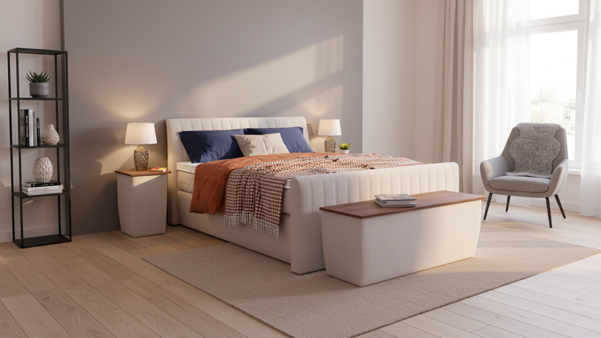 Cama Boxspringbett von Meisterbetten in der Größe 180x200 cm, ausgestattet mit einem VS-Creme Matratzenbezug und einem Ergoflex-Topper. Das Bett verfügt über ein elegantes Kopfteil sowie eine Nussbaum-Dekor im Fußteil. Inklusive Truhe und Nachttisch, ergänzt durch Taschenfederkern-Matratze.