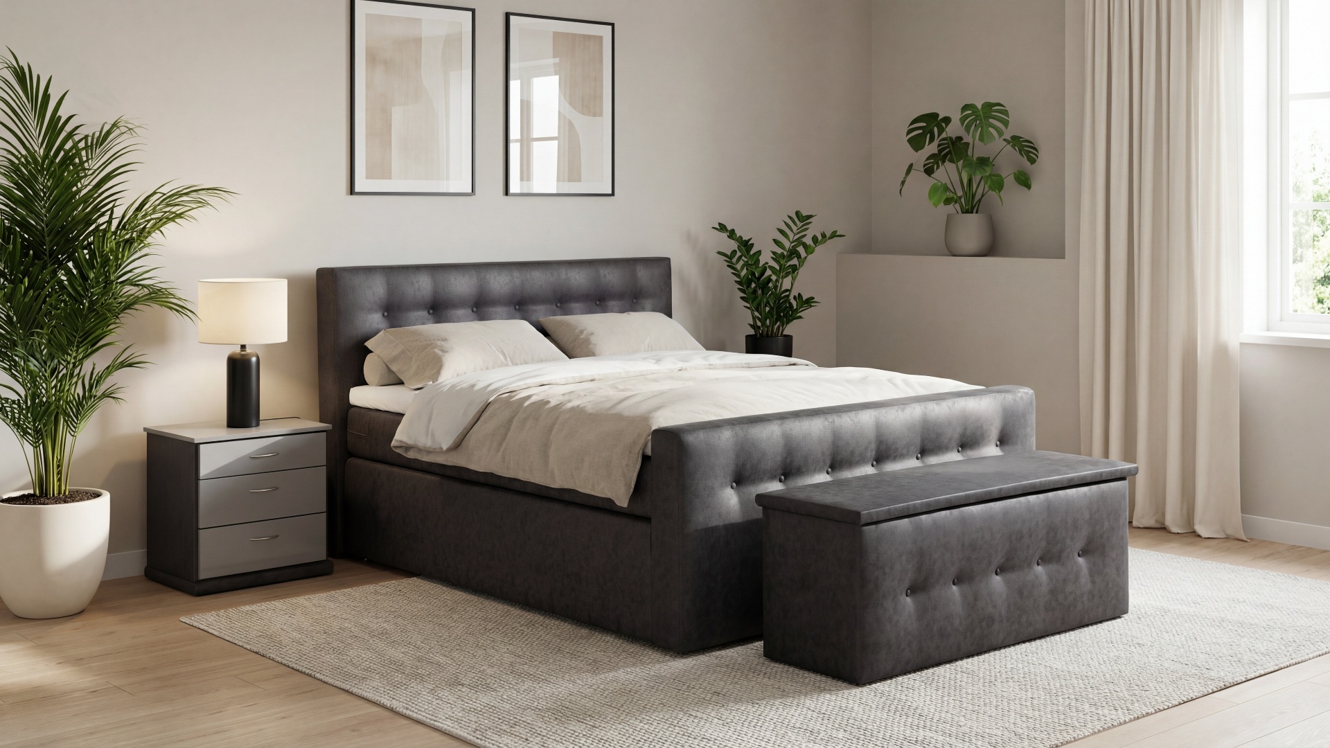 Celo Boxspringbett von Meisterbetten in der Größe 180x200 cm, ausgestattet mit einem Taschenfederkern und einem Ergoflex-Topper. Das Bett präsentiert sich mit einem grauen Kopfteil und silberfarbenem Dekor, umfasst eine passende Truhe und Nachttische sowie ein Fussteil im gleichen Design.