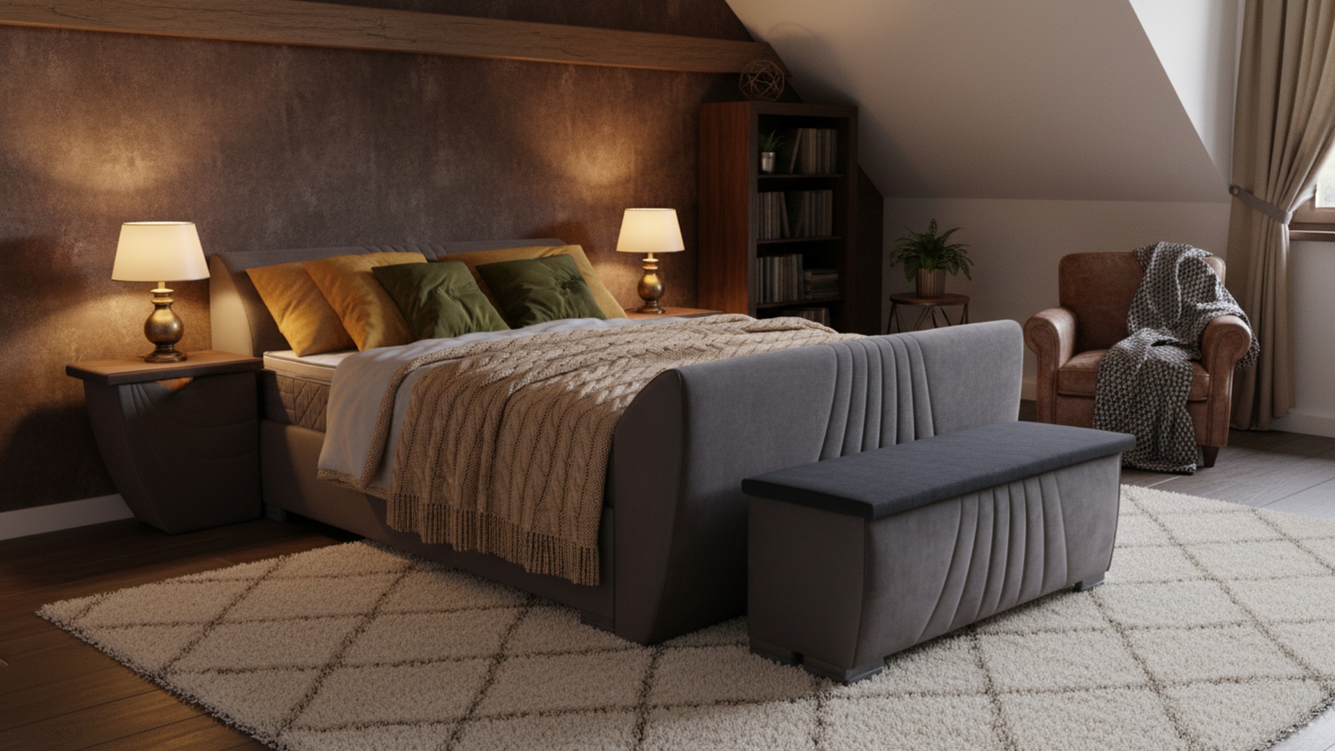 Boxspringbett Cert von Meisterbetten in der Größe 180x200 cm mit einem eleganten, gepolsterten Kopfteil und Fussteil in VS-Grau. Das Bett verfügt über einen Ergoflex-Topper und eine Taschenfederkern-Matratze für optimalen Komfort. Die Truhe am Fußende und der passende Nachttisch ergänzen das stilvolle Design. Das Schlafzimmer ist warm beleuchtet, neben dem Bett steht ein Sessel auf einem gemütlichen Teppich.