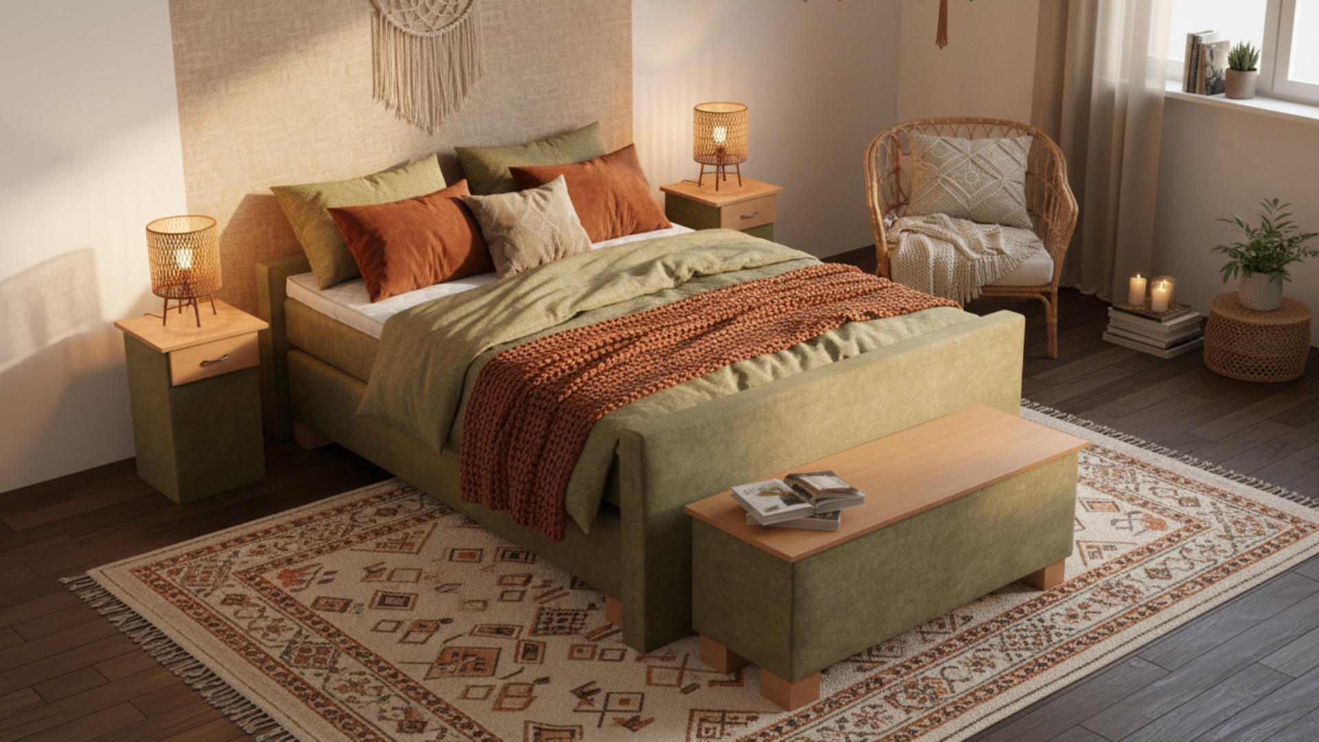 Das Boxspringbett City von Meisterbetten beeindruckt in der Größe 180x200 cm mit einem eleganten Kopfteil, bezogen mit Nano-Matratzenstoff in DS-Apfelgrün. Die Buche-Dekoration harmoniert perfekt mit dem Ergoflex-Topper und der integrierten Taschenfederkern-Matratze. Komplettiert wird das Ensemble durch die passende Truhe und Nachttische im gleichen Design.