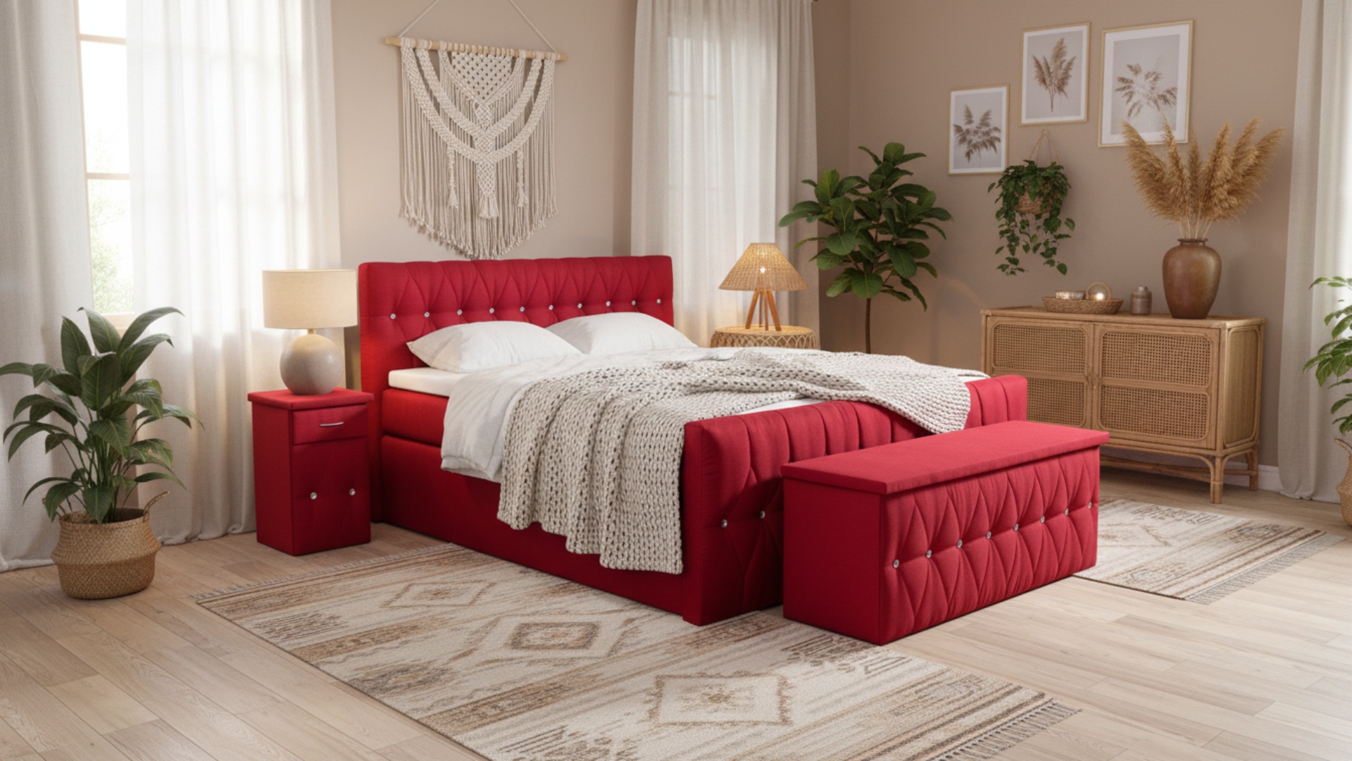 Das Meisterbetten Boxspringbett Cool in der Größe 180x200 cm präsentiert sich mit einem eleganten, rot gepolsterten Kopfteil. Ausgestattet mit einem Nano-Matratzenbezug und Komfortschaum-Topper sowie einer Taschenfederkern-Matratze. Begleitet von einem passenden roten Nachttisch und Truhe, fügt es sich harmonisch in das stilvolle Ambiente mit hölzernen Akzenten und Pflanzen ein.