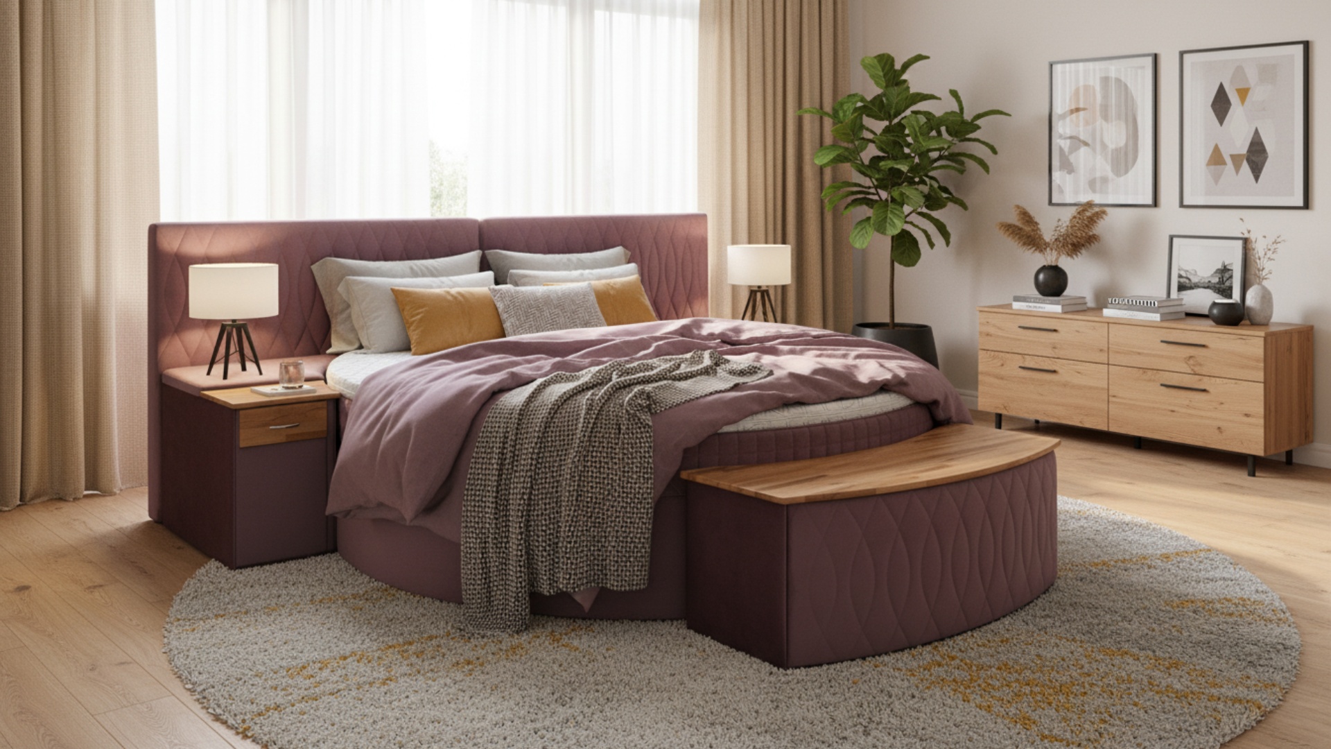 Das Modell Diva von Meisterbetten präsentiert sich als rundes Boxspringbett in der großzügigen Größe von 240x240 cm. Mit seiner VS-Flieder-Ausführung und dem Kopfteil in passendem Material, ergänzt durch einen Kaltschaum-Topper und einer Taschenfederkern-Matratze, bietet es Komfort. Der Nachttisch aus Eiche Massiv und die zusätzliche Truhe unterstreichen das stilvolle Design.