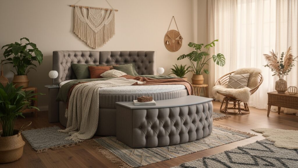 Effi Boxspringbett von Meisterbetten in der Größe 180x200 cm mit rundem Design. Ausgestattet mit einem gepolsterten Kopfteil, Matratzenbezug Effi in MS-Silver Grey und einer komfortablen Kaltschaum-Topper. Enthält eine Taschenfederkern-Matratze sowie passendem Nachttisch und Truhe im Silber-Dekor.