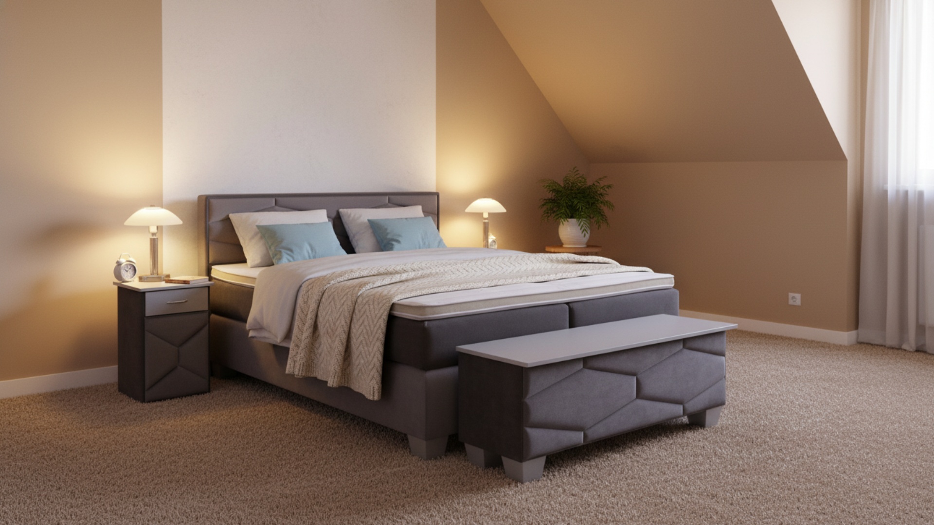 Fabi Boxspringbett von Meisterbetten in der Größe 180x200 cm, ausgestattet mit einem eleganten Kopfteil und Nano-Matratzenbezug. Das Bett zeigt sich in VS-Grau mit einem Ergoflex-Topper und Taschenfederkern-Matratze. Silberne Dekorakzente zieren das Design, das durch passende Truhe und Nachttisch aus der Fabi-Serie ergänzt wird.