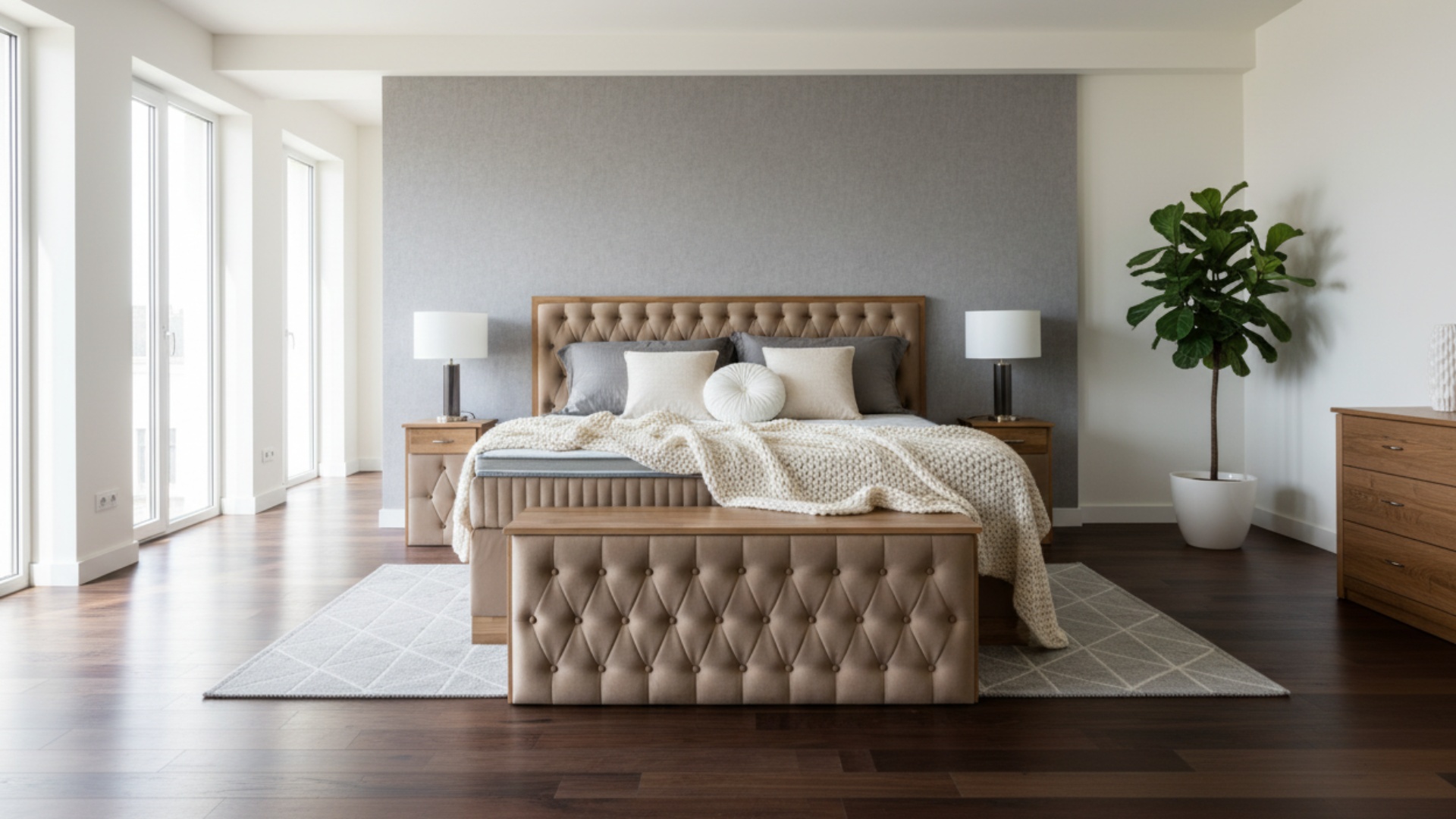 Genf Boxspringbett von Meisterbetten in der Größe 180x200 cm, ausgestattet mit einem gepolsterten Kopfteil und edler Knopfheftung. Der Matratzenbezug Mask harmoniert mit dem VS-Gold Grundstoff, während der Ergoflex-Topper für zusätzlichen Komfort sorgt. Dieses Bett, gefertigt aus massivem Eichenholz, umfasst eine praktische Truhe und passende Nachttische, ergänzt durch die Taschenfederkern-Matratze.