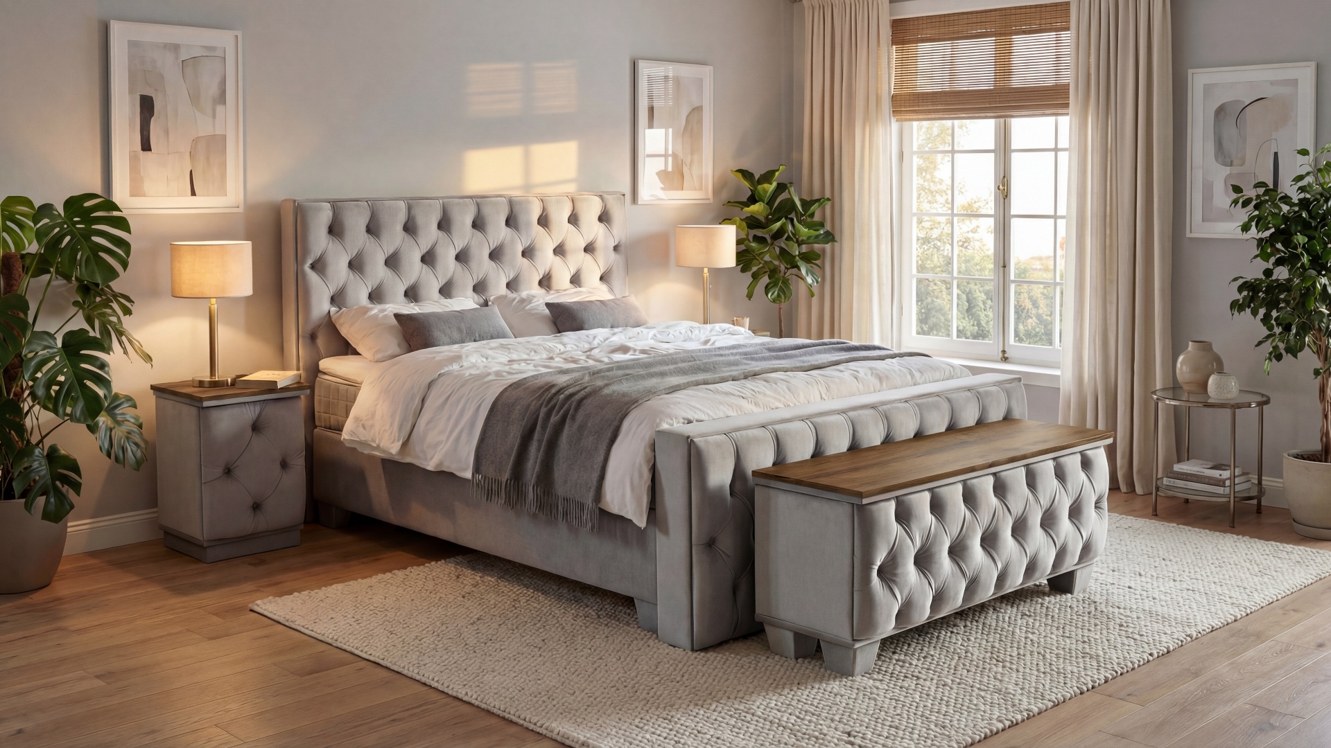 Gina Boxspringbett von Meisterbetten in der Größe 180x200 cm mit Optiflex Matratzenbezug. Gepolstertes Kopfteil und Fußteil in VS-Silbergrau, ergänzt durch ein Eiche Cognac Dekor. Inklusive Nachttisch und Truhe Smit sowie Visco-Topper und Taschenfederkern-Matratze.