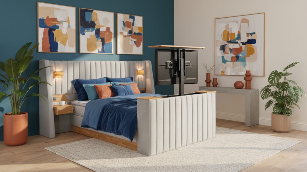 Graf Boxspringbett von Meisterbetten in der Größe 180x200 cm, mit Bettkasten, Optiflex Matratzenbezug und elegantem VS-Silbergrau. Das Design besticht durch ein massives Eiche-Dekor und TV-Lift im Fußteil. Ausgestattet mit einem Ergoflex-Topper und Taschenfederkern-Matratze, ergänzt durch den Nachttisch Zero.