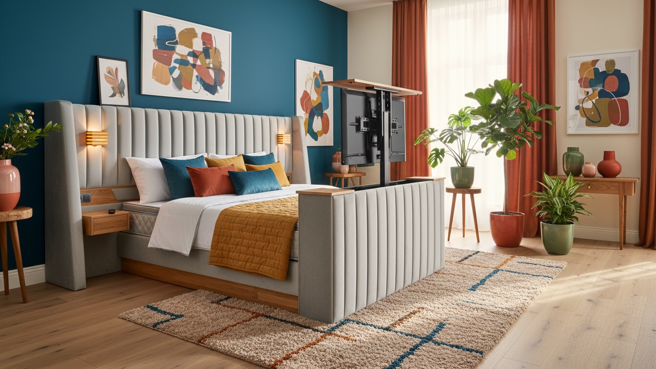 Graf Boxspringbett von Meisterbetten in der Größe 240x200 cm, ausgestattet mit einem eleganten Kopfteil, Bettkasten und TV-Lift im Fußteil. Der Matratzenbezug ist Optiflex, kombiniert mit einem Ergoflex-Topper und einer Taschenfederkern-Matratze. Das Bett ist in VS-Silbergrau gehalten und dekoriert mit Eiche Massiv. Inklusive passendem Nachttisch Modell Zero, präsentiert auf einem stilvollen Hintergrund mit künstlerischen Akzenten.