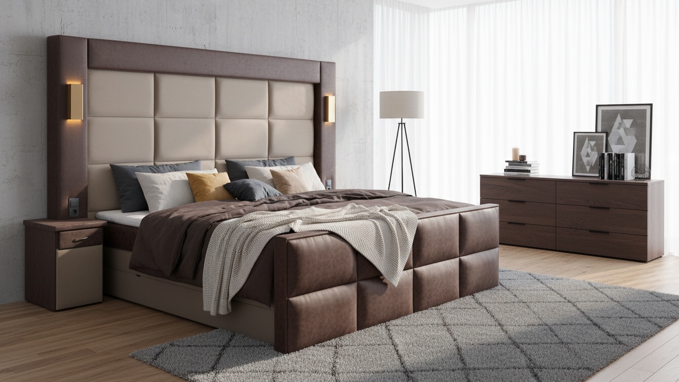 Imposantes Boxspringbett Halk von Meisterbetten, mit Bettkasten in der großzügigen Größe 240x220 cm. Das Bett besticht durch ein beeindruckendes, gepolstertes Kopfteil in VS-Beige und einem Viscose-Topper. Der Nano-Matratzenbezug ergänzt die Taschenfederkern-Matratze perfekt. Das Design wird abgerundet durch den Absatzstoff MS-Brown sowie das passende Fußteil und den Nachttisch.