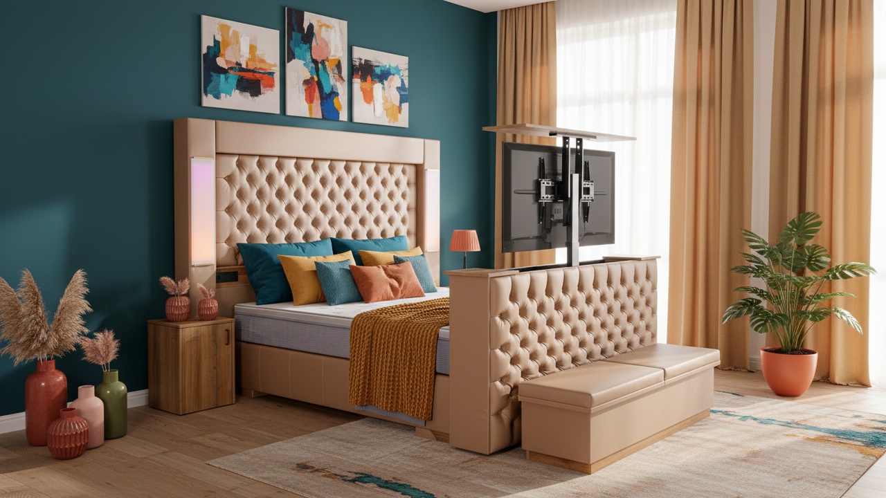 Das Meisterbetten Boxspringbett Hero in der Größe 180x200 cm besticht durch sein gepolstertes Kopfteil im LM-Beige. Mit Nano-Matratzenbezug und Ergoflex-Topper bietet es hohen Schlafkomfort. Der Taschenfederkern sorgt für optimale Unterstützung, während das Fußteil mit integriertem TV-Lift zusätzlichen Luxus bietet. Inkludiert sind eine praktische Truhe und ein passender Nachttisch im Dekor Eiche Cognac. Die Kombination aus CS-Grau Absatzstoff und edlen Materialien verleiht dem Bett eine moderne Optik.