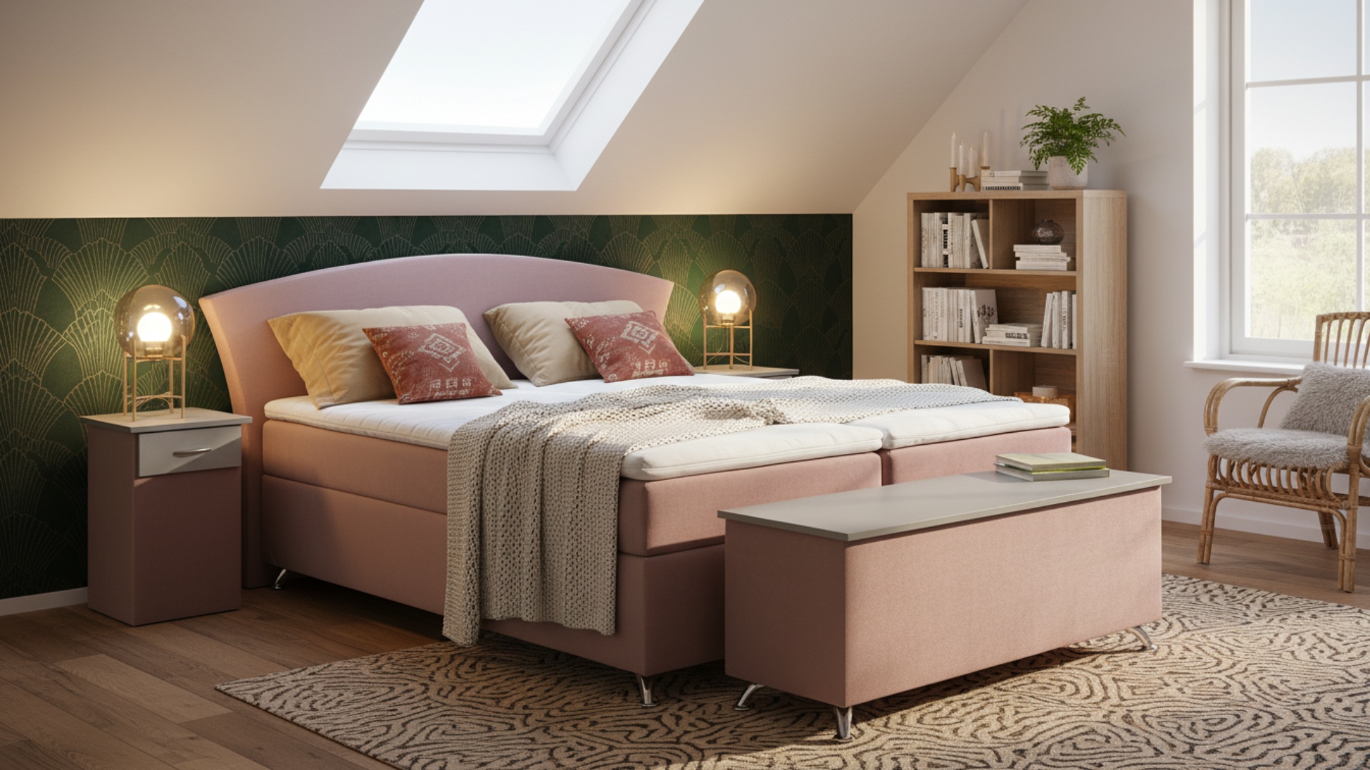 Huss Boxspringbett von Meisterbetten, ausgestattet mit elektrischer Funktion und einem Nano-Matratzenbezug in der Größe 180x200 cm. Das Bett präsentiert sich in einem sanften VS-Rose Grundstoff mit Ergoflex-Topper und Taschenfederkern-Matratze. Die silbernen Dekor-Akzente harmonieren mit der passenden Truhe und dem Nachttisch, während das elegante Kopfteil für zusätzlichen Komfort sorgt.