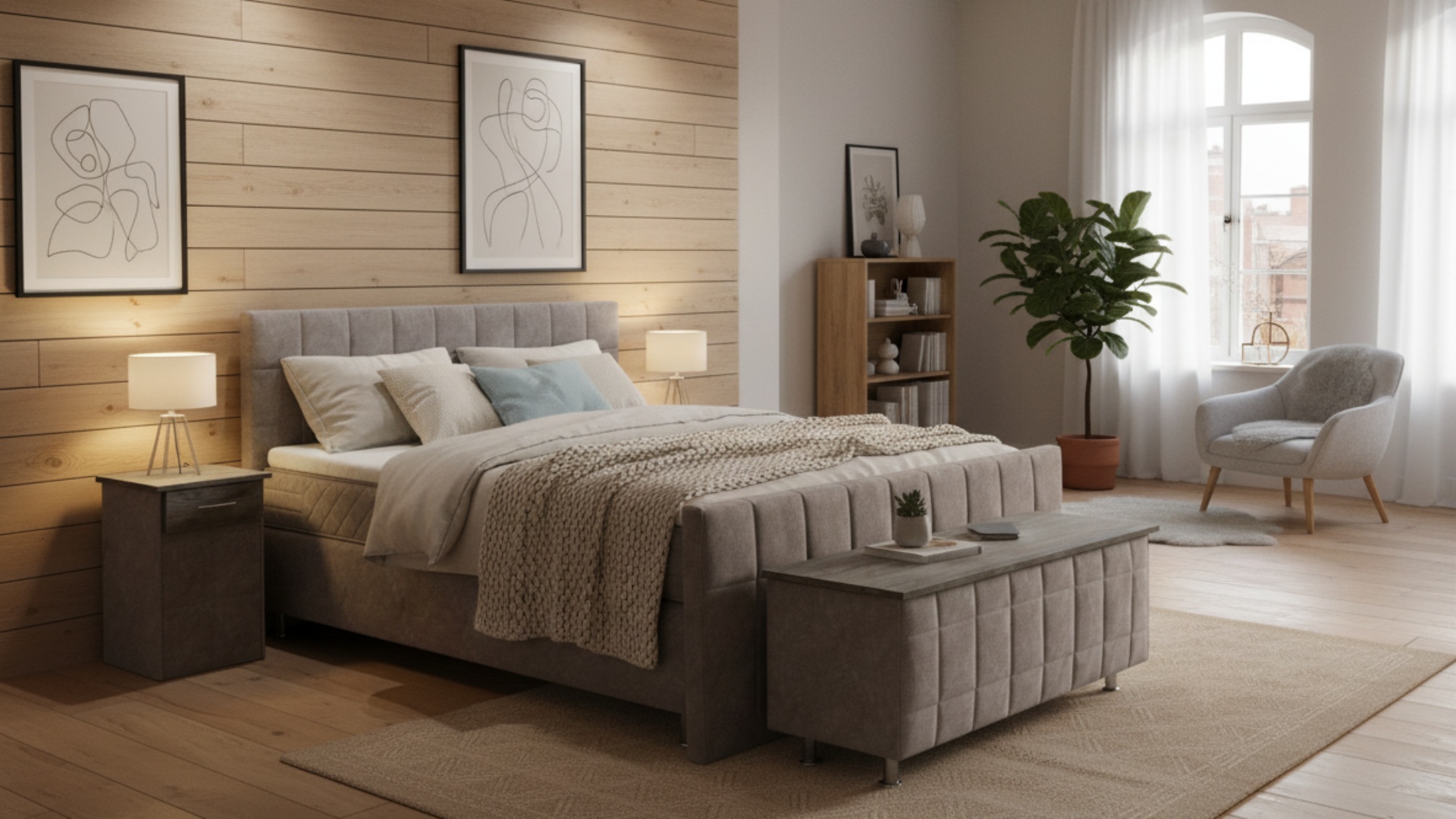 Das elegante Meisterbetten Boxspringbett Inka beeindruckt mit einem stilvollen Kopfteil, Größe 180x200 cm, ausgestattet mit Optiflex-Bezug und Ergoflex-Topper. In DS-Silbergrau gehalten, ergänzt es das silberne Pinie-Dekor. Mit passender Truhe und Nachttisch fügt es sich harmonisch in jeden Raum ein.