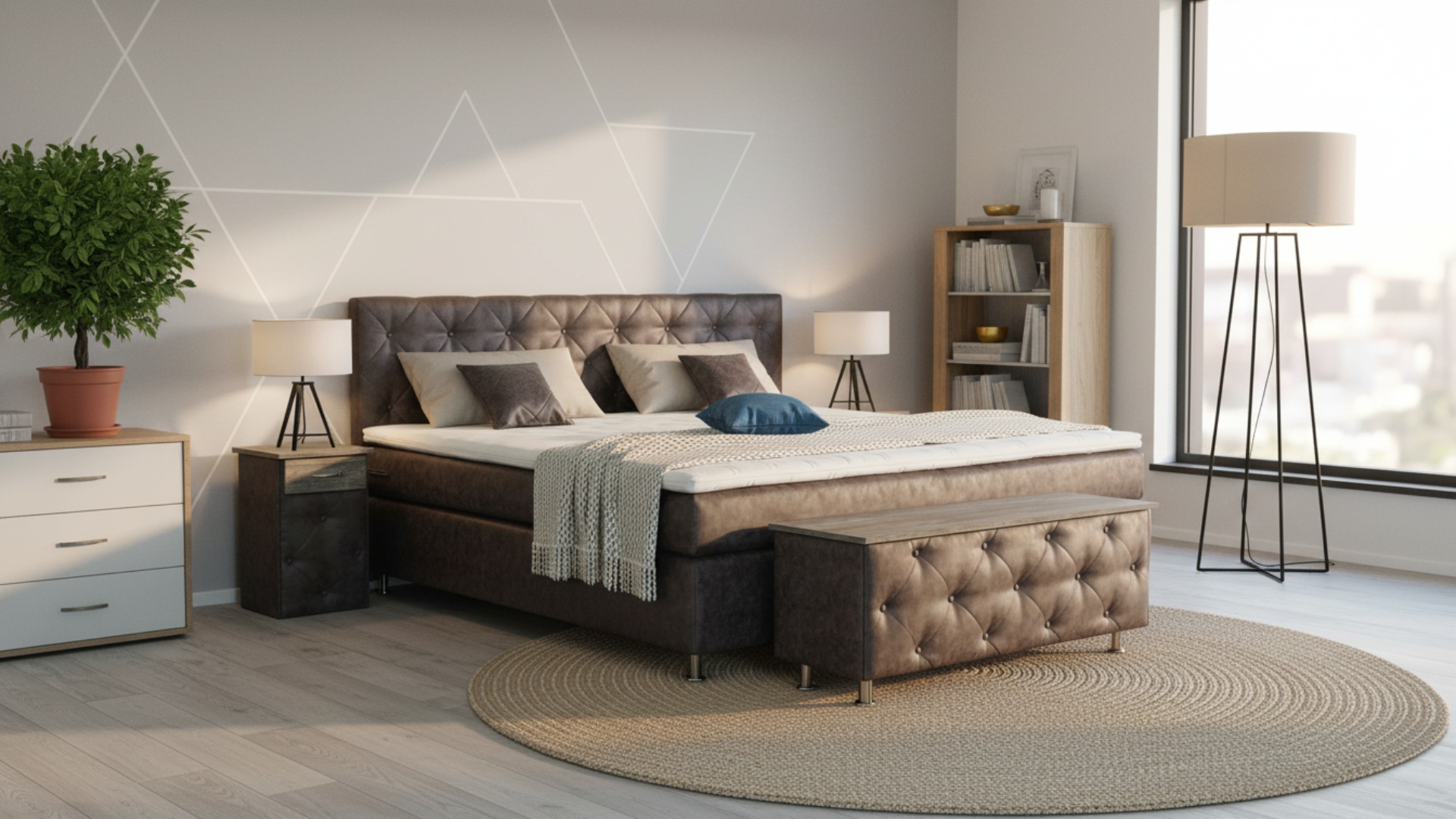 Inox Boxspringbett von Meisterbetten, versehen mit einem großen, gepolsterten Kopfteil. In der Größe 180x200 cm bietet es eine luxuriöse Schlafgelegenheit mit Nano-Matratzenbezug und Taschenfederkern-Matratze. Die Ausführung in MS-Espresso verleiht dem Bett einen modernen Look, ergänzt durch den Ergoflex-Topper und passenden Nachttischen sowie Truhe.