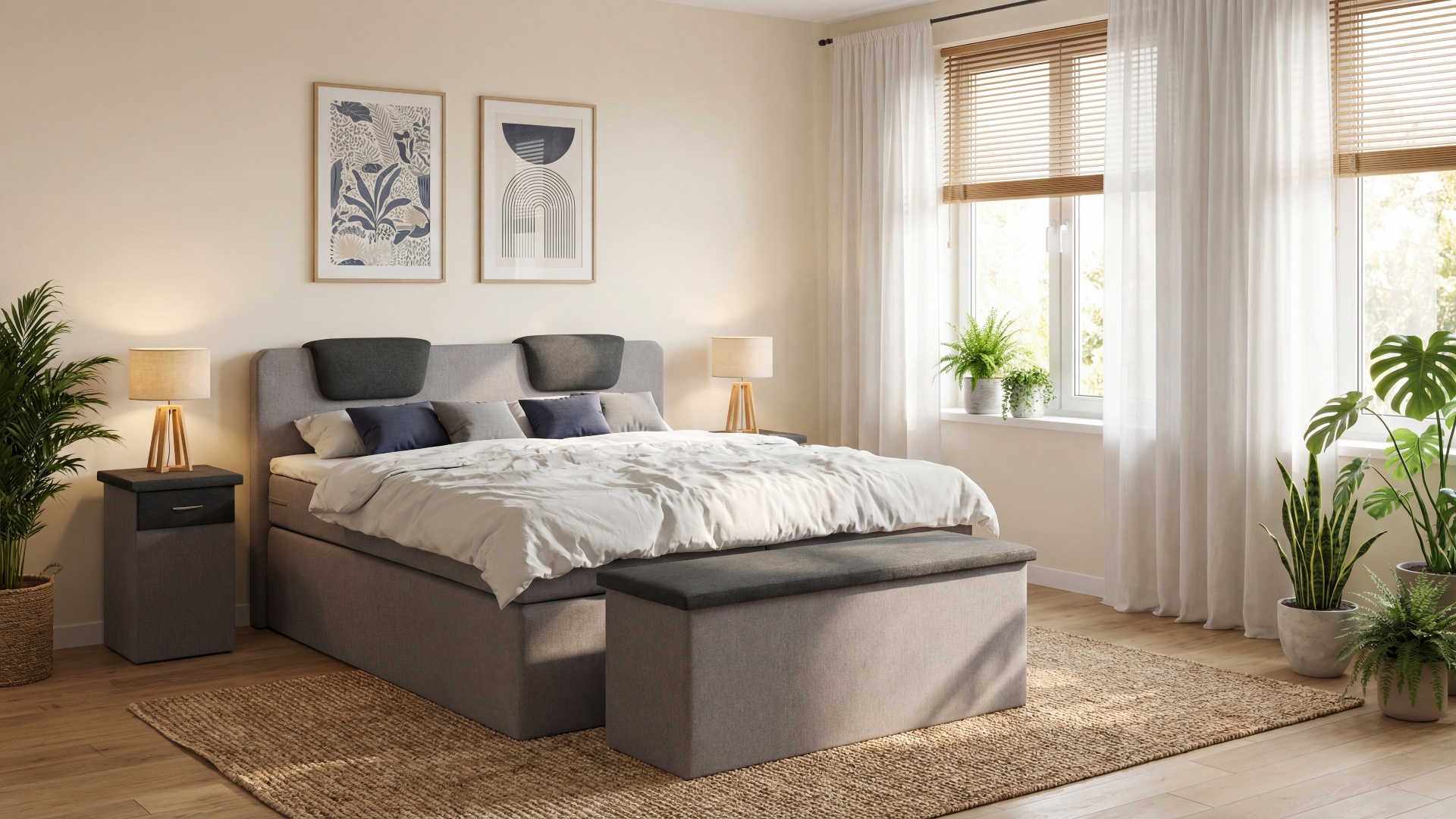 Iris Boxspringbett von Meisterbetten in der Größe 180x200 cm, ausgestattet mit einem gepolsterten Kopfteil und Nachttisch in WT-Silbergrau, inklusive Ergoflex-Topper und Taschenfederkern-Matratze. Das Bett besticht durch ein modernes Design mit einer passenden Truhe und Akzenten aus WT-Dunkel Grau.