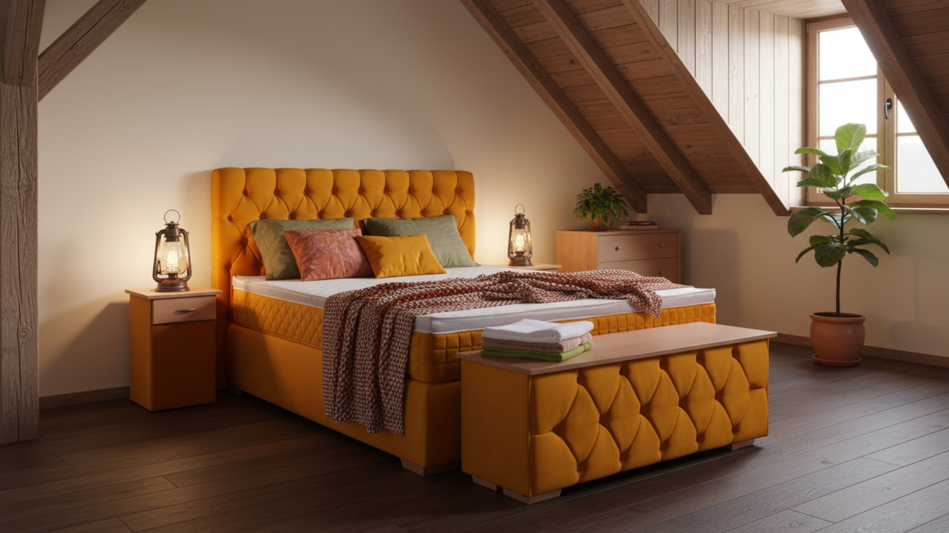 Boxspringbett Jana von Meisterbetten mit gepolstertem Kopfteil in strahlendem Gelb, ausgestattet mit einem Optiflex-Matratzenbezug und Ergoflex-Topper. In der Größe 180x200 cm bietet es eine Taschenfederkern-Matratze. Die Einrichtung wird durch passende Nachttische und eine Truhe im Buche-Dekor ergänzt, passend zu den Holzelementen des Dachbodens.