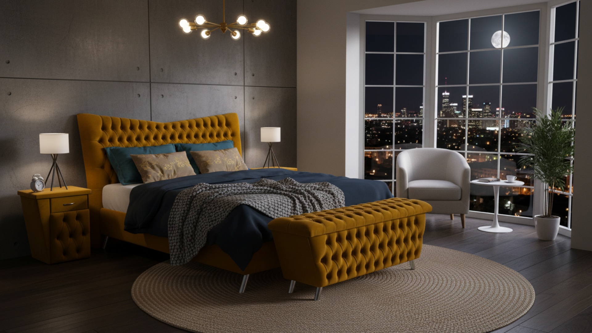 Juve Boxspringbett von Meisterbetten mit einem gepolsterten Kopfteil in VS-Olive, Größe 180x200 cm, ausgestattet mit Optiflex-Matratzenbezug und Ergoflex-Topper. Inklusive einer Truhe und passendem Nachttisch, bietet es optimalen Komfort durch die Taschenfederkern-Matratze. Die warme Farbgebung harmoniert perfekt mit der urbanen Nachtkulisse im Hintergrund.