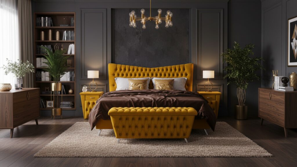 Juve Boxspringbett von Meisterbetten, in der Größe 180x200 cm mit Taschenfederkern-Matratze. Stilvolles gepolstertes Kopfteil in VS-Olive, inklusive Ergoflex-Topper. Nachttische und Truhe im gleichen Design integriert.