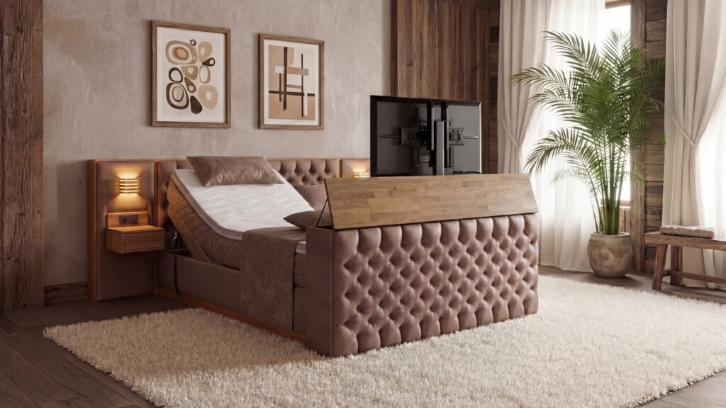 Majestätisches Boxspringbett King von Meisterbetten in der Größe 180x200 cm, ausgestattet mit einem elektrischen System. Gepolstertes Kopfteil in MS-Camel und Eiche Massiv Dekor. Inklusive Optiflex-Matratzenbezug, Ergoflex-Topper, Taschenfederkern-Matratze und Nachttisch Zero. Besonderheit: TV-Lift im Fußteil integriert.