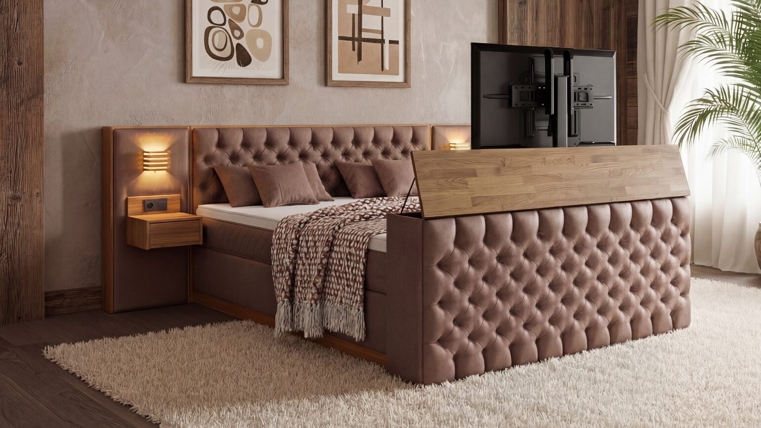 Majestätisches Boxspringbett King von Meisterbetten in der Größe 180x200 cm, ausgestattet mit einem elektrischen System. Gepolstertes Kopfteil in MS-Camel und Eiche Massiv Dekor. Inklusive Optiflex-Matratzenbezug, Ergoflex-Topper, Taschenfederkern-Matratze und Nachttisch Zero. Besonderheit: TV-Lift im Fußteil integriert.