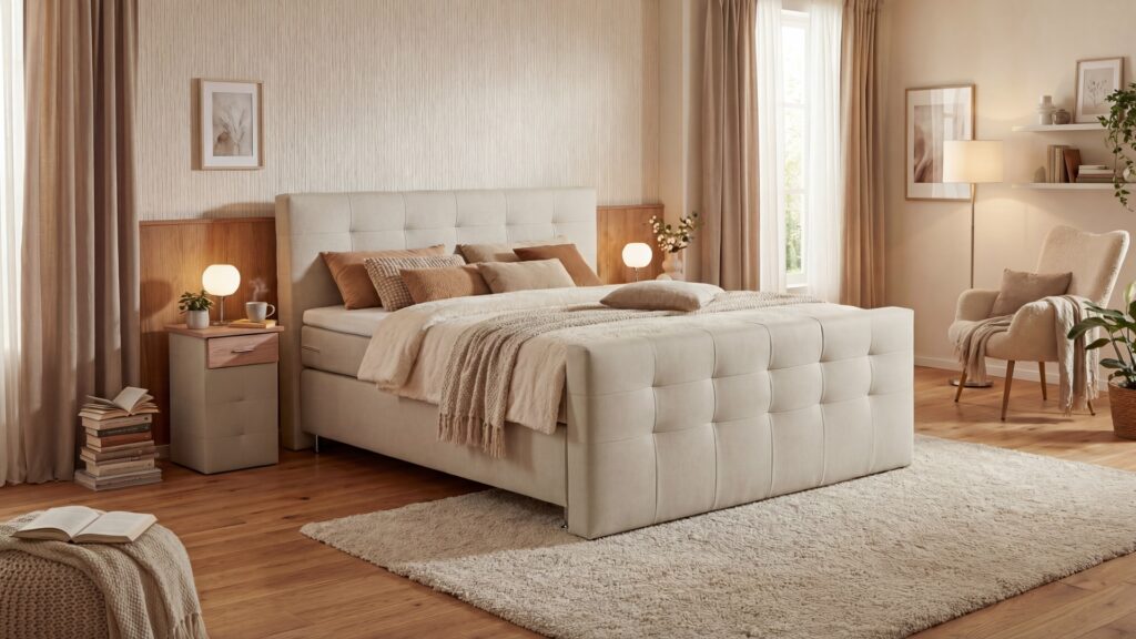 Lago Boxspringbett von Meisterbetten in der Größe 180x200 cm, mit einem eleganten Kopfteil und passendem Fussteil in KL-Light Beige. Ausgestattet mit einem Nano-Matratzenbezug und einem Kaltschaum-Topper. Das Dekor ist in Eiche Sonoma gehalten, inklusive Nachttisch passend zum Design und einer Taschenfederkern-Matratze.