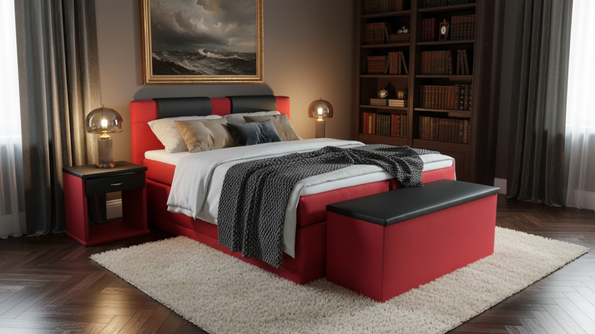 Das Lena Boxspringbett von Meisterbetten in der Größe 180x200 cm besticht durch sein elegantes rotes Design mit einem gepolsterten Kopfteil. Ausgestattet mit einer Taschenfederkern-Matratze und Ergoflex-Topper bietet es optimalen Komfort. Der Matratzenbezug aus Nano-Material sorgt für ein angenehmes Schlafklima. Die seitlich integrierte Truhe sowie der passende Nachttisch, beide im gleichen Stil gehalten, runden das Gesamtbild ab.