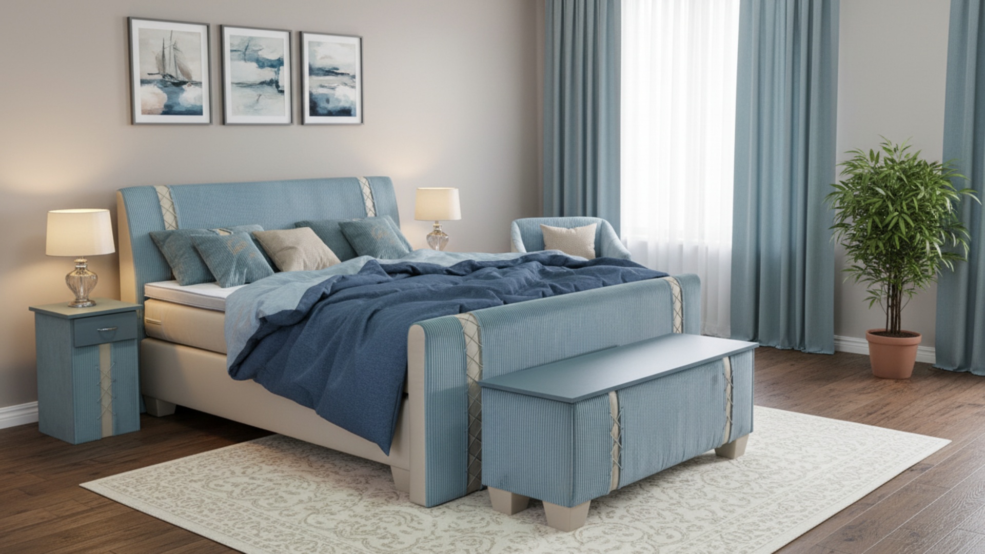 Das Boxspringbett Levi von Meisterbetten besticht durch sein gepolstertes Kopfteil und die dekorativen Eukalyptus-Grün-Akzente. In der Größe 180x200 cm bietet es eine komfortable Taschenfederkern-Matratze mit Nano-Matratzenbezug, ergänzt durch einen Viscose-Topper. Die Ausführung in KL-Light Beige harmoniert perfekt mit dem CS-Blassgrünen Absatzstoff. Zum Bett gehören ein passendes Fussteil, eine Truhe sowie Nachttische im Design Levi.