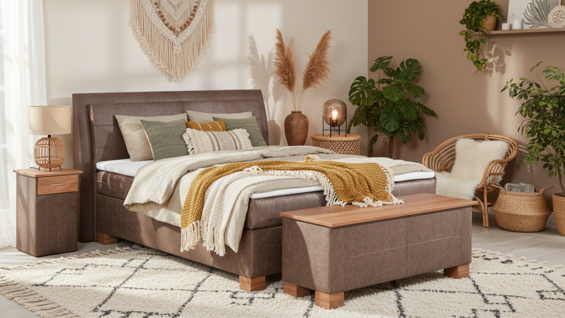 Das Meisterbetten Boxspringbett Like in der Größe 180x200 cm besticht durch sein gepolstertes Kopfteil und Taschenfederkern-Matratze. Ausgeführt in MS-Brown, bietet es einen Kaltschaum-Topper und ein Nussbaum-Dekor. Die Ausstattung wird durch eine passende Truhe und Nachttische ergänzt.