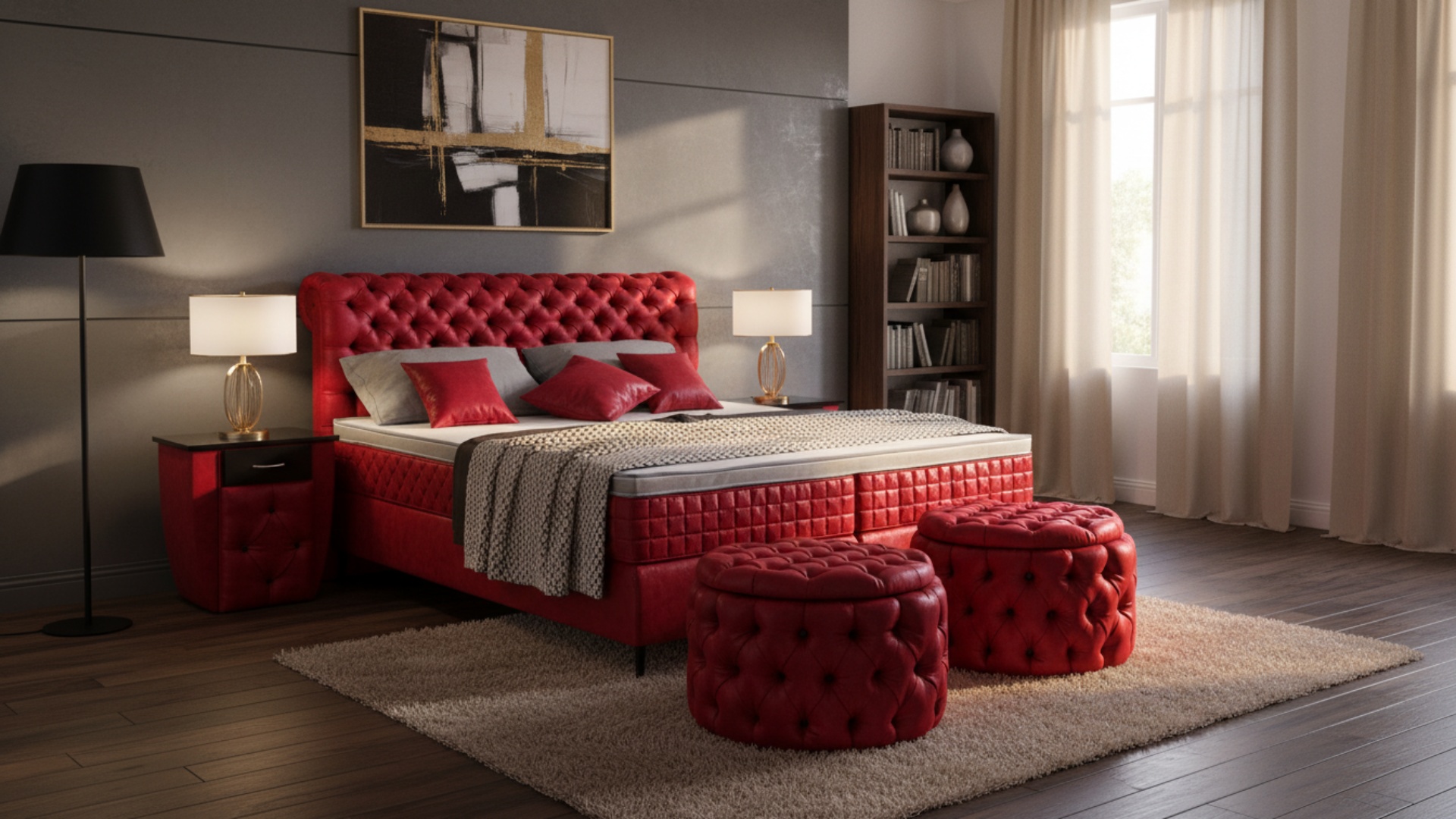 Lisa Boxspringbett von Meisterbetten in der Größe 180x200 cm, präsentiert sich mit einem eindrucksvoll gepolsterten Kopfteil in MS-Red. Der Optiflex Matratzenbezug und der Ergoflex Topper bieten zusammen mit der Taschenfederkern-Matratze hervorragenden Schlafkomfort. Das Bett integriert schwarze Dekorelemente und verfügt über eine passende Truhe sowie Nachttische.