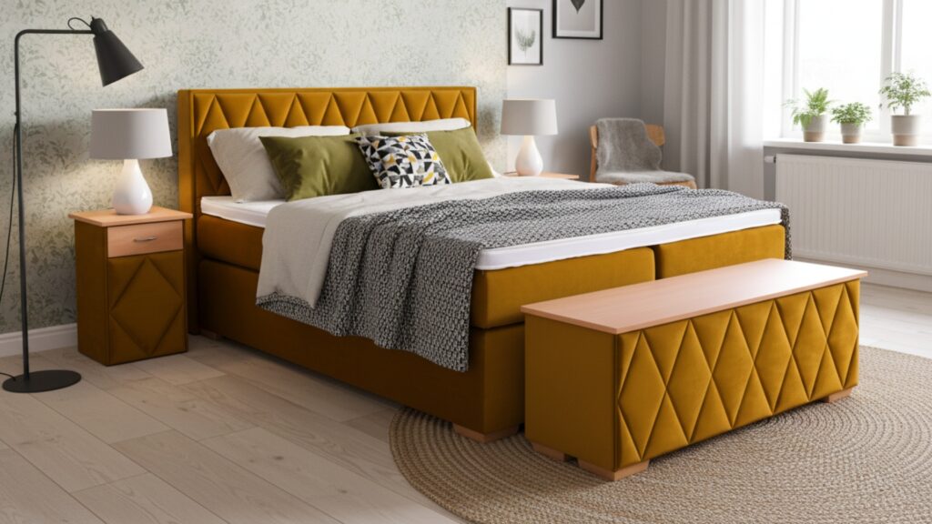 Loki Boxspringbett von Meisterbetten in der Größe 180x200 cm, beeindruckt mit einem gepolsterten Kopfteil und dekorativem Buchelement. Der Grundstoff in VS-Olive harmoniert perfekt mit dem Nano-Matratzenbezug. Ausgestattet mit einem Ergoflex-Topper und einer Taschenfederkern-Matratze, bietet es außergewöhnlichen Liegekomfort. Zusätzliche Highlights sind die passende Truhe und Nachttische im selben Design.