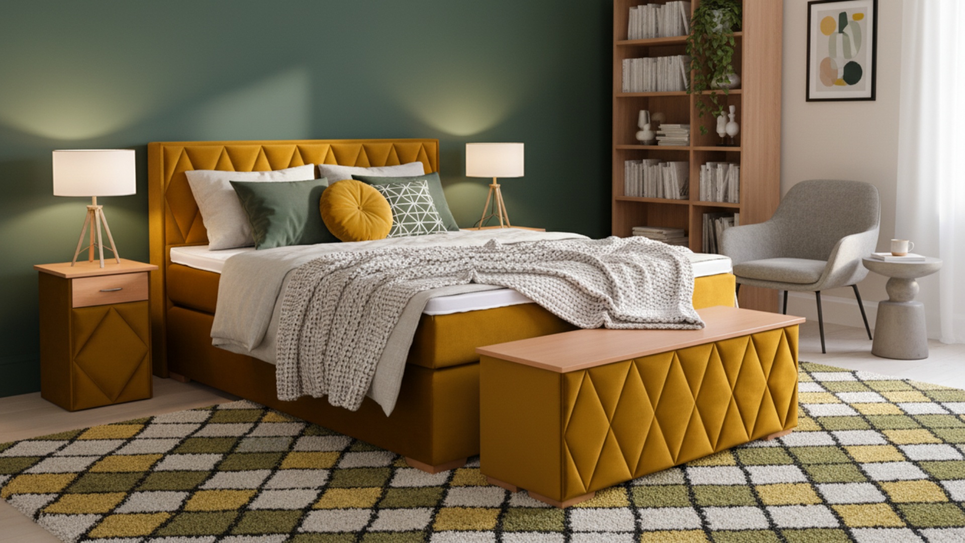 Boxspringbett Loki von Meisterbetten in der Größe 180x200 cm, ausgestattet mit einem gepolsterten Kopfteil und Matratzenbezug in VS-Olive. Dieses Modell kommt mit einem Ergoflex-Topper und einer Taschenfederkern-Matratze. Dekoriert in Buche, inklusive passendem Nachttisch und Truhe im gleichen Stil.