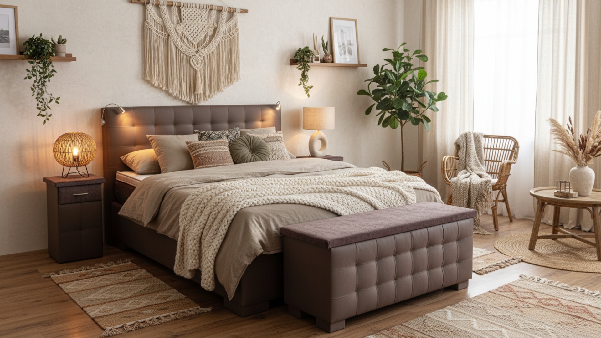 Boxspringbett Luis von Meisterbetten in der Größe 180x200 cm mit Nano Matratzenbezug, gefertigt aus KL-Elephant Material. Ausgestattet mit einem Ergoflex-Topper, Taschenfederkern-Matratze, einer passenden Truhe und Nachttisch im Design DS-Anthracite. Das gepolsterte Kopfteil fügt sich harmonisch in die stilvolle Schlafzimmerumgebung ein.