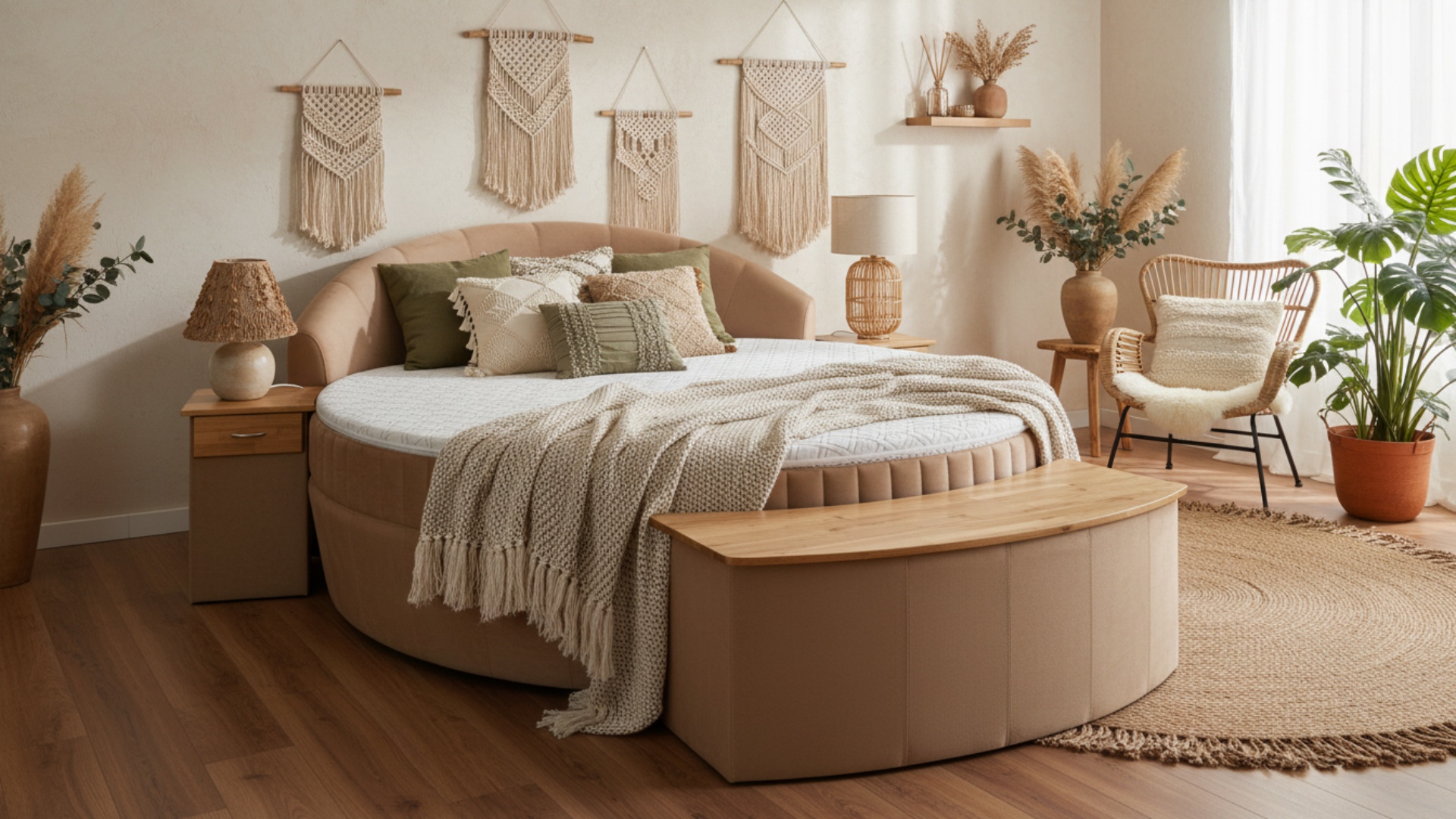 Luna Boxspringbett von Meisterbetten in der Größe 180x200 cm, mit einem runden, gepolsterten Kopfteil und Matratzenbezug Luna in VS-Beige. Ausgestattet mit Kaltschaum-Topper und Taschenfederkern-Matratze, ergänzt durch massives Eiche-Dekor. Inklusive Truhe und Nachttisch für zusätzlichen Stauraum.