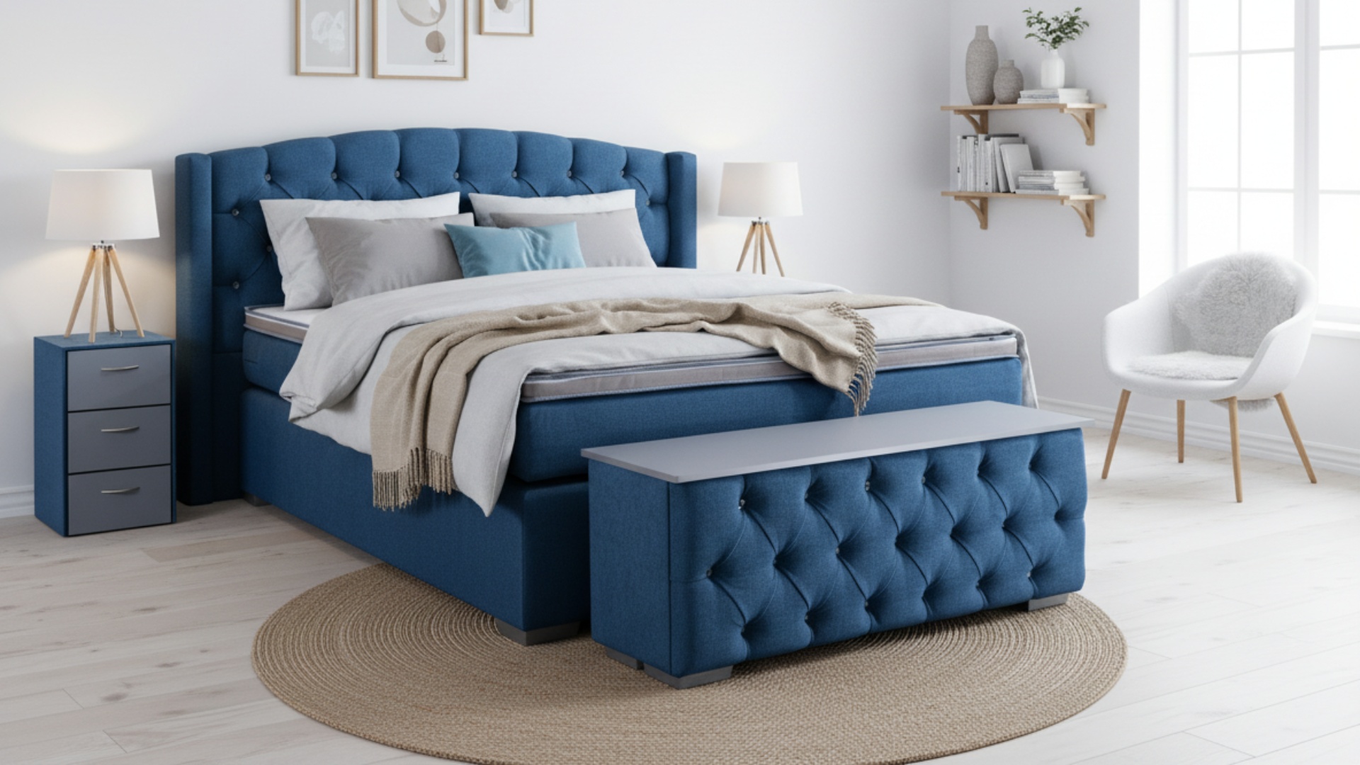 Magi, das elegante Boxspringbett von Meisterbetten in der Größe 180x200 cm, beeindruckt mit einem stilvollen blau gepolsterten Kopfteil. Ausgestattet mit einem Ergoflex-Topper und einer Taschenfederkern-Matratze, bietet es optimalen Schlafkomfort. Der Nano-Matratzenbezug und das silberne Dekor harmonieren perfekt im modernen Schlafzimmerdesign, ergänzt durch die passende Magi-Truhe und den Nachttisch Magi3.