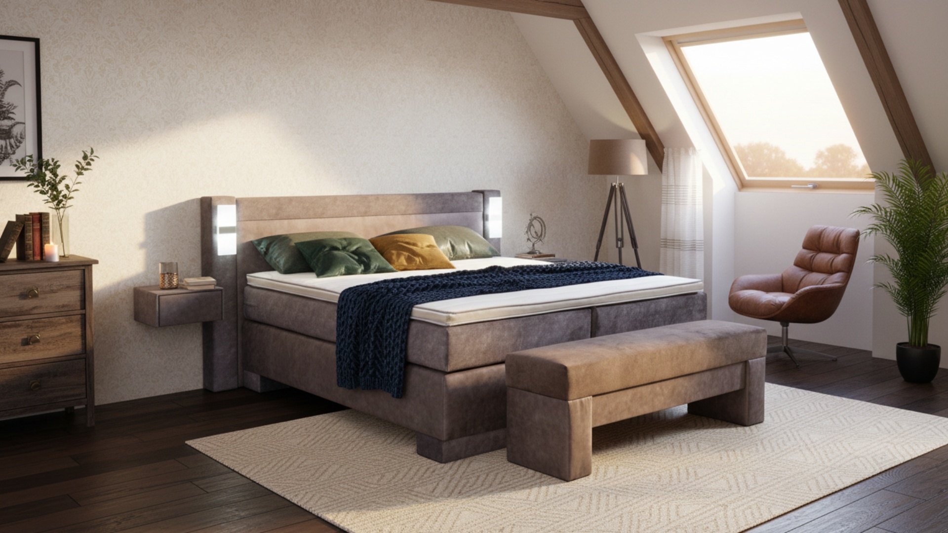 Im gemütlichen Schlafzimmer präsentiert sich das Meisterbetten Boxspringbett Nova mit einem eleganten gepolsterten Kopfteil. In der Größe 180x200 cm gehalten, bietet es eine Ergoflex-Topper-Ergänzung und eine Taschenfederkern-Matratze für höchsten Komfort. Der dunkelgraue Stoff verleiht dem Bett einen modernen Look, während der beigefügte Nachttisch und die Truhe im passenden Design harmonieren.