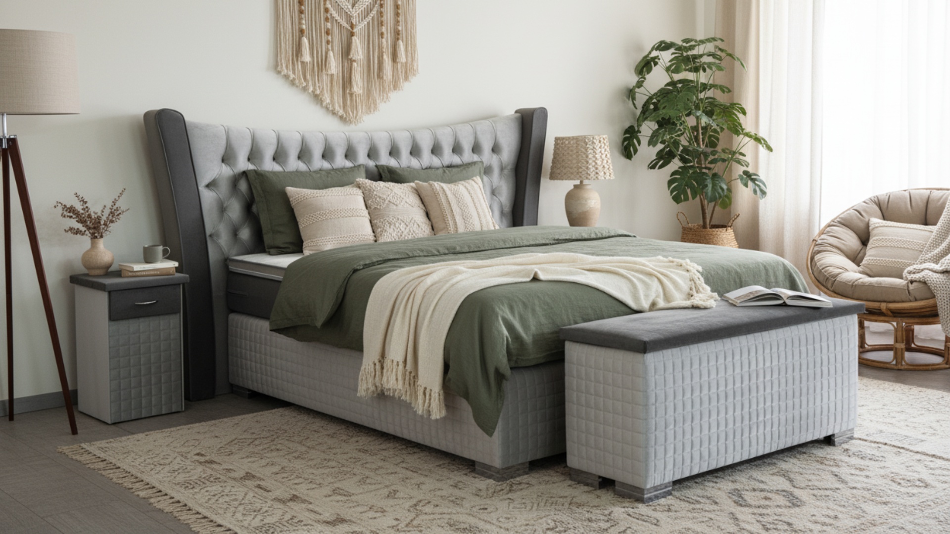 Das Boxspringbett Oslo von Meisterbetten beeindruckt mit seinem eleganten, silbergrauen Design. Ausgestattet mit einem Nano-Matratzenbezug und einem Ergoflex-Topper bietet es hohen Komfort. Die Größe von 180x200 cm und das gepolsterte Kopfteil sowie die dazugehörige Truhe und Nachttische runden das stilvolle Erscheinungsbild ab.