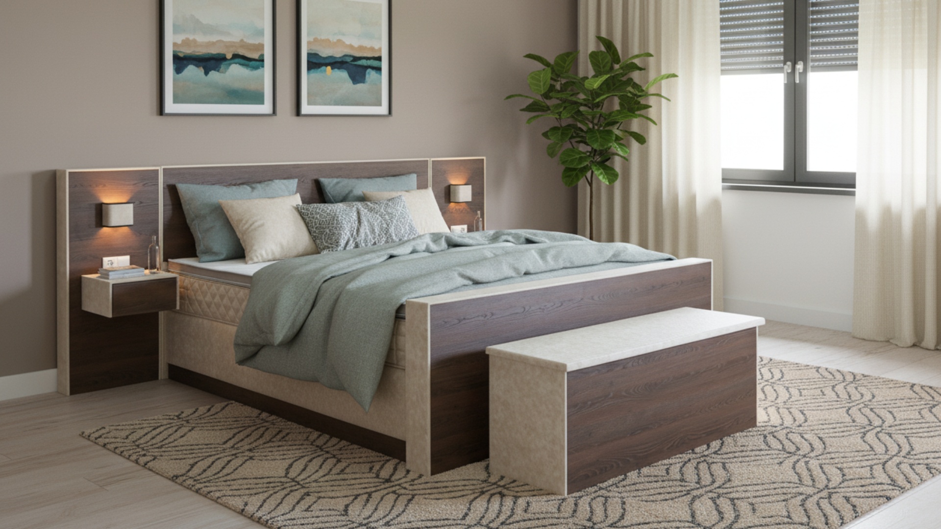 Boxspringbett Paco von Meisterbetten in der Größe 180x200 cm, ausgestattet mit elektrischer Höhenverstellung und einem Optiflex-Matratzenbezug. Das Design kombiniert Eiche Tabak Dekor mit MS-Nature Material und beinhaltet einen Ergoflex-Topper sowie eine Taschenfederkern-Matratze. Das gepolsterte Kopfteil, das Fußteil und die Truhe verleiht dem Bett zusätzlichen Komfort, begleitet von dem Nachttisch Nova.