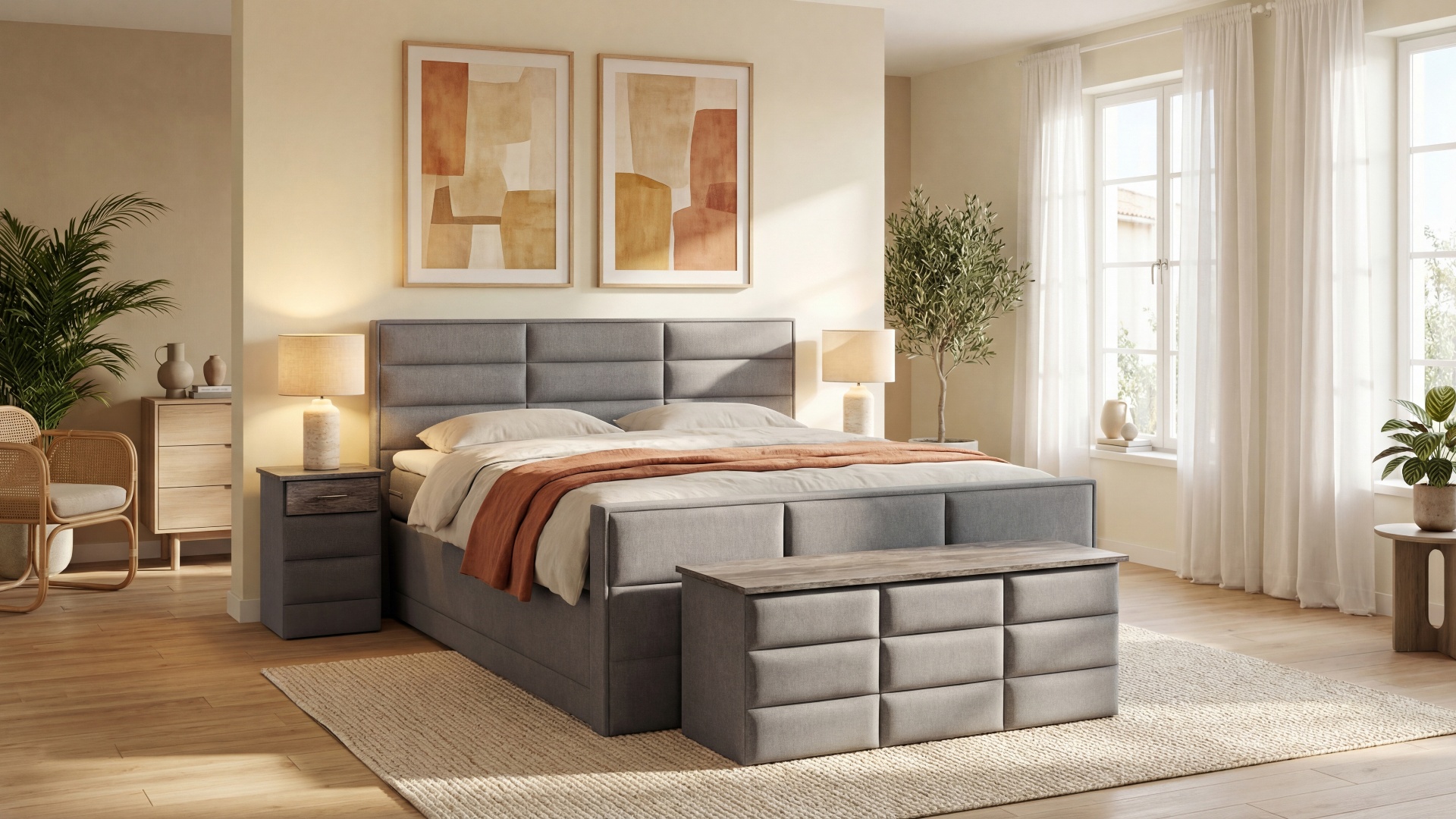 Das Modell Pino, ein Boxspringbett von Meisterbetten, präsentiert sich in der Größe 180x200 cm mit elektrischer Höhenverstellung. Es verfügt über einen Matratzenbezug aus Nano-Stoff in WT-Silbergrau und einen Viscose-Topper. Das Bett ist mit einem Taschenfederkern ausgestattet und zeigt dekorative Details im Pinie Silber Dekor. Ergänzt wird es durch das Fussteil, die Truhe und den Nachttisch im passenden Pino-Design.