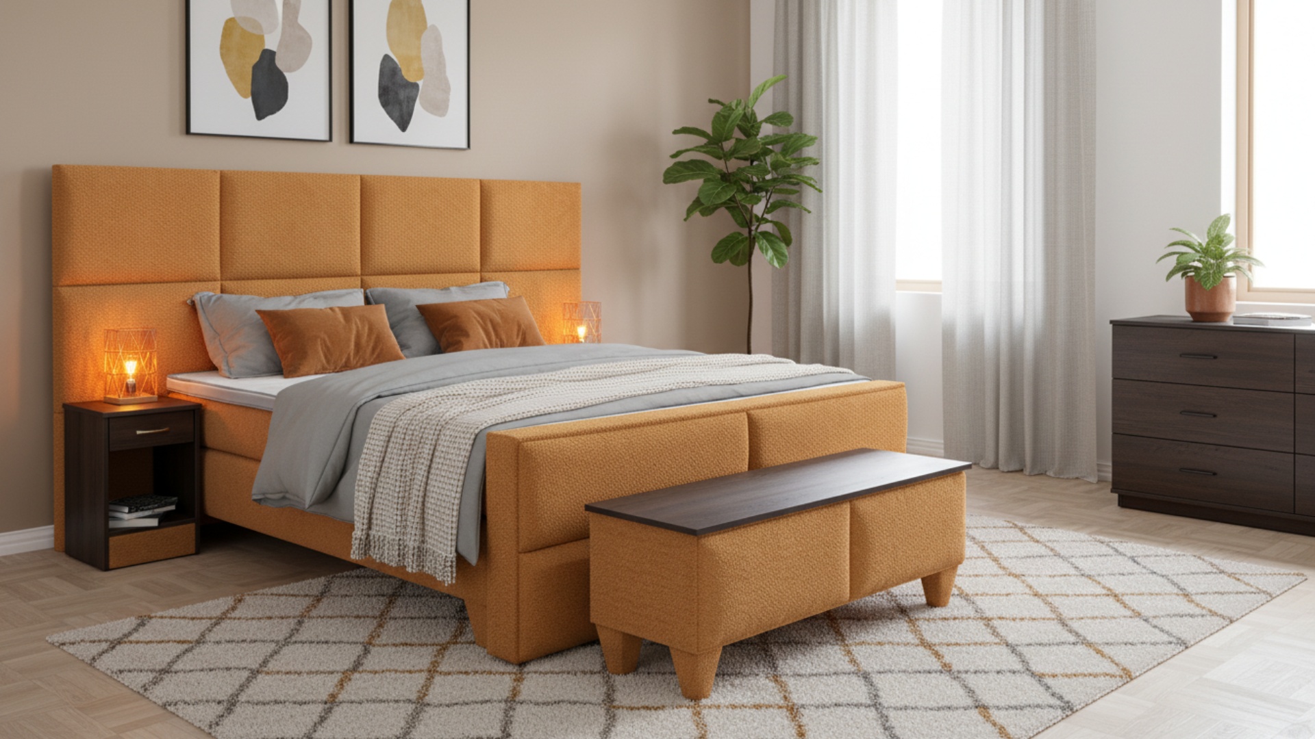 Rawo-WM Boxspringbett von Meisterbetten, in AS-Senf gestaltet, mit Nano-Matratzenbezug und Ergoflex-Topper. Das Bett in der Größe 180x200 cm bietet ein stilvolles Kopfteil und ist mit einem Eiche Tabak Dekor abgerundet. Inklusive passendem Fußteil, Truhe und Nachttisch im Rawo-Stil.