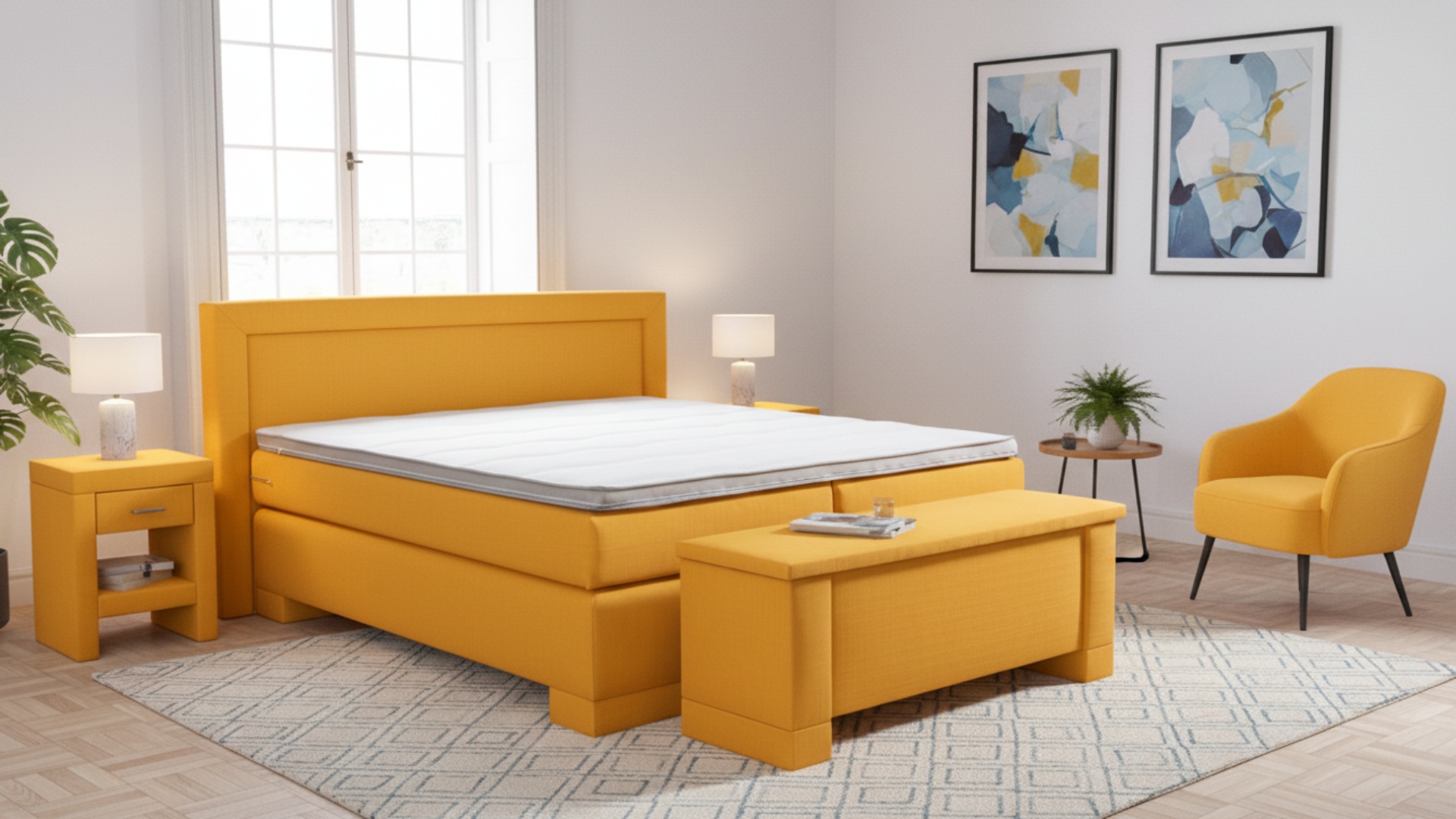Das Boxspringbett Rico von Meisterbetten in der Größe 180x200 cm beeindruckt mit seinem Kopfteil aus W-Yellow Material. Ausgestattet mit einem Nano Matratzenbezug und einem Ergoflex Topper, bietet dieses Bett optimalen Komfort. Die Taschenfederkern-Matratze sorgt für eine erholsame Nachtruhe, während die passende Truhe und der Nachttisch das Design harmonisch ergänzen.